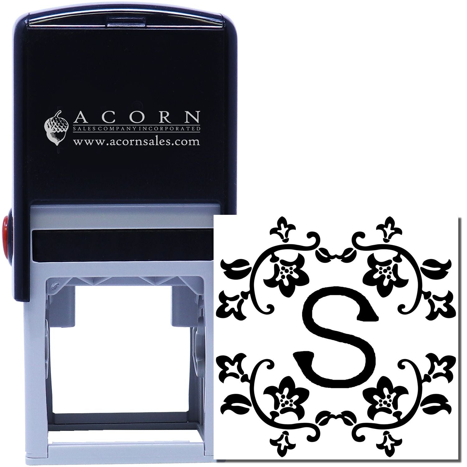Custom self-inking rubber stamp with floral monogram S for personalized branding and stationery.