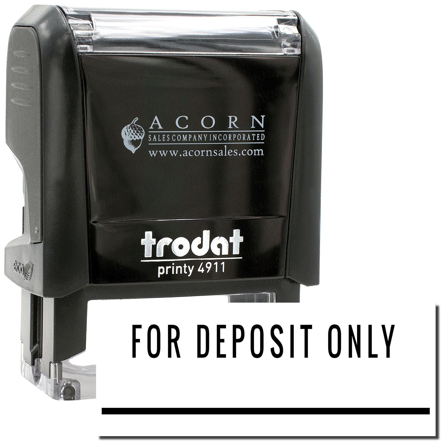 Trodat Printy 4911 for deposit only self-inking stamp, Acorn Sales Company Inc. branded black office stamp.