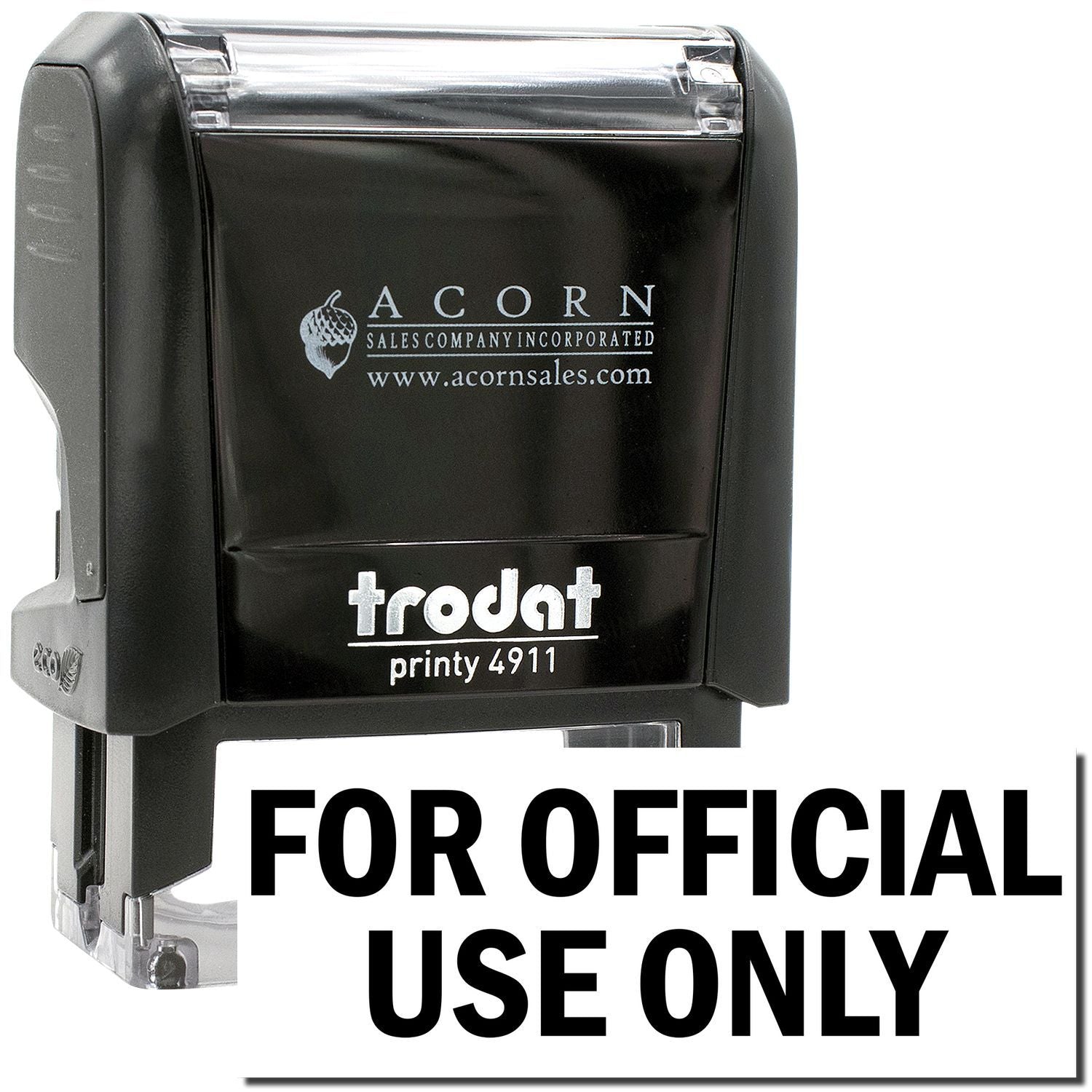 Black Trodat Printy 4911 self-inking stamp with FOR OFFICIAL USE ONLY imprint, Acorn Sales branding, office marking tool for official documents