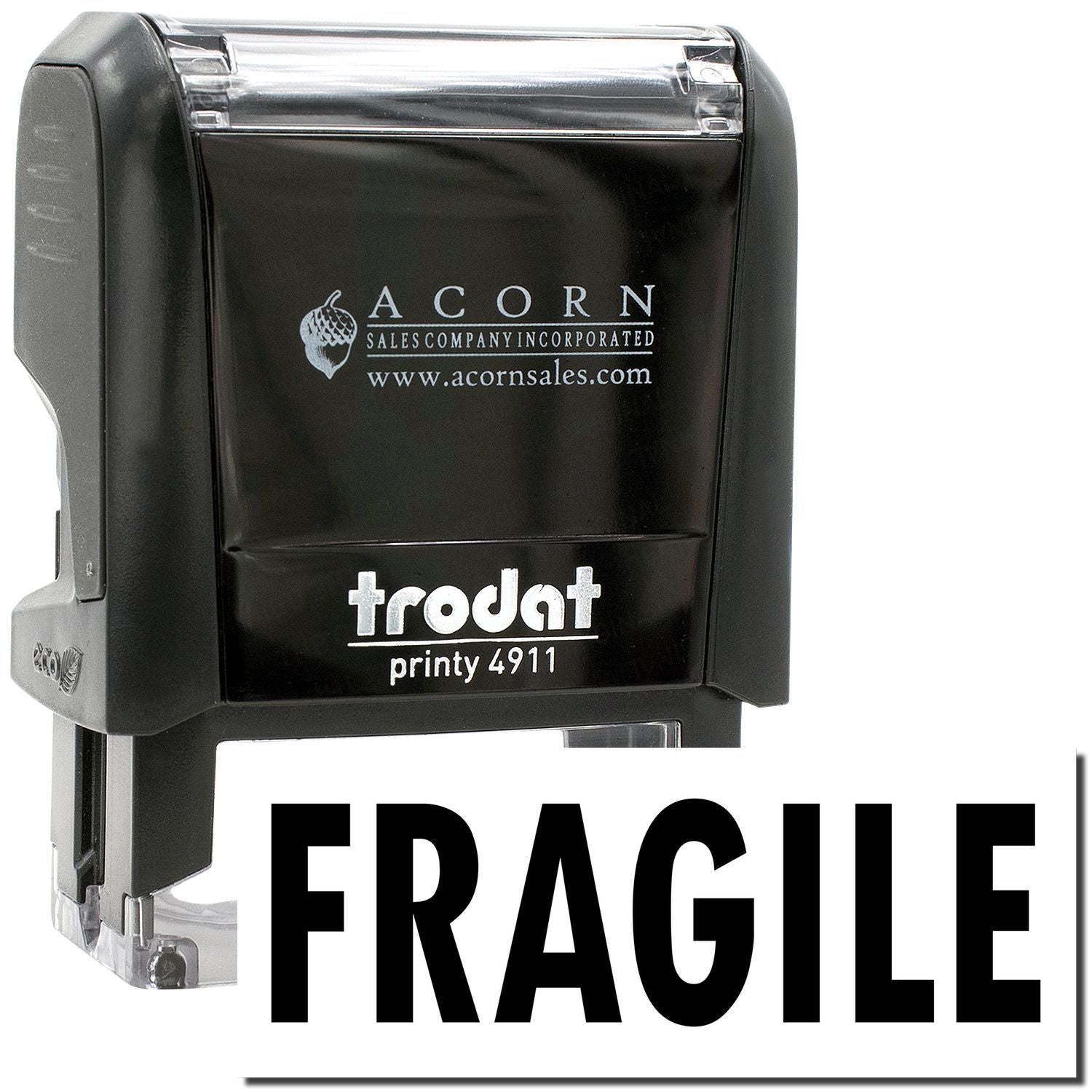Trodat Printy 4911 Fragile self-inking stamp with Acorn Sales logo, black office marking tool with clear cap.