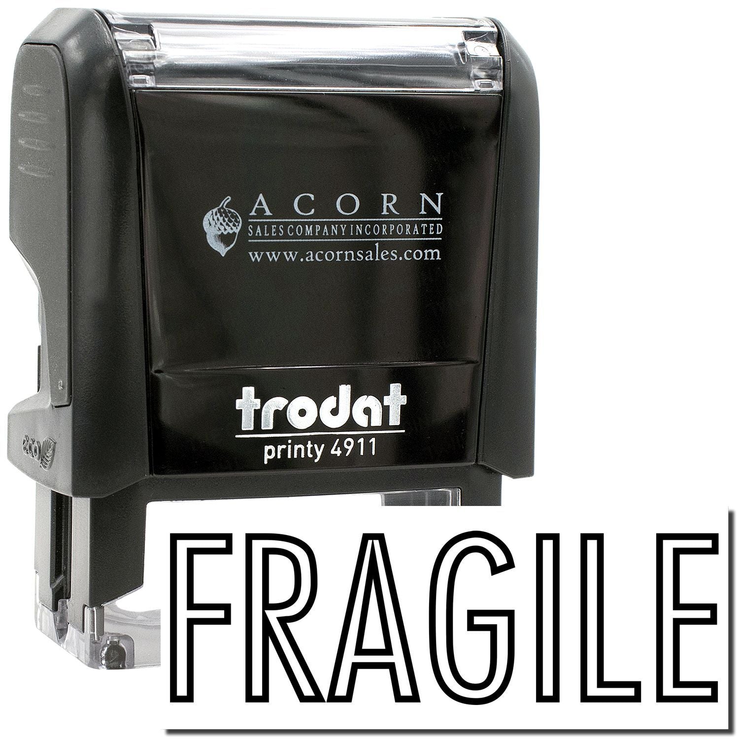 Black Trodat Printy 4911 self-inking FRAGILE stamp with Acorn Sales branding