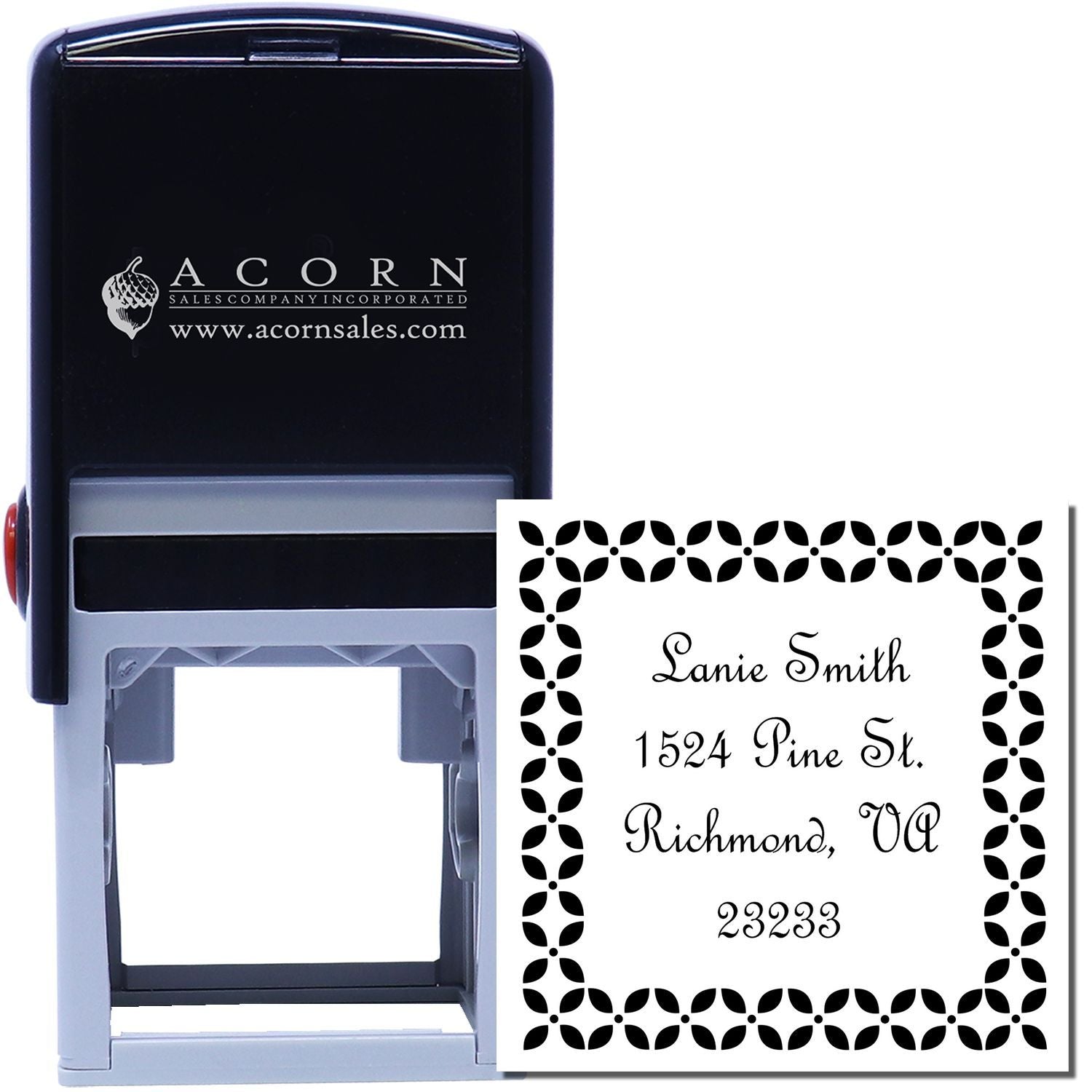 Custom self-inking rubber address stamp with decorative border and return address preview for personalized mailing