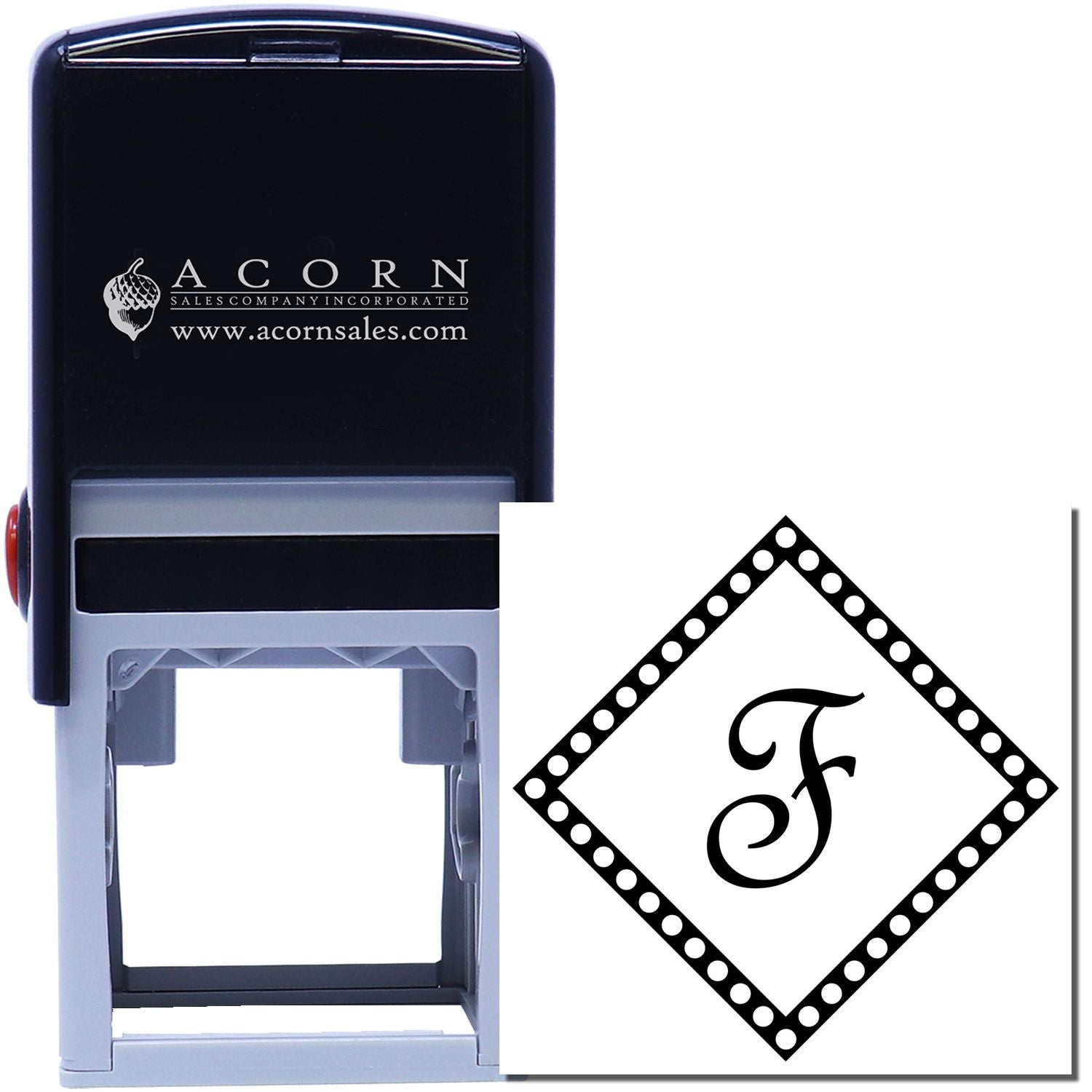 Custom self-inking rubber stamp with decorative monogram F in a diamond frame, ideal for personalized business branding.