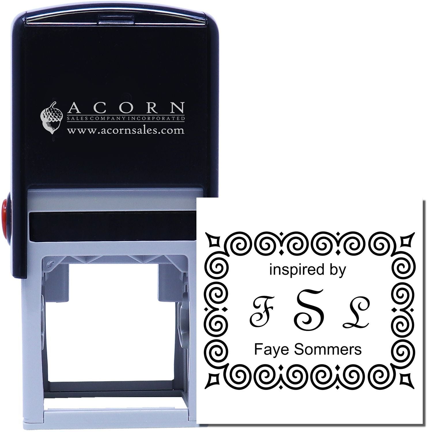 Custom self-inking rubber stamp with decorative border imprint for personalized branding and stationery.