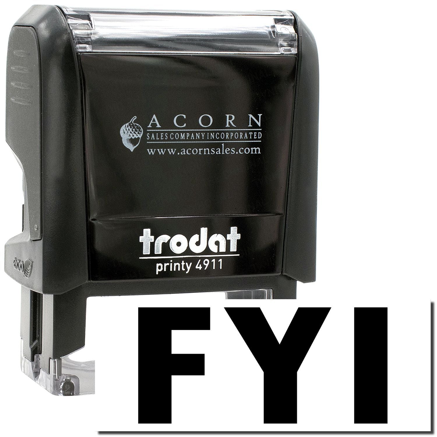 Trodat Printy 4911 self-inking stamp with FYI imprint and Acorn Sales logo on black body
