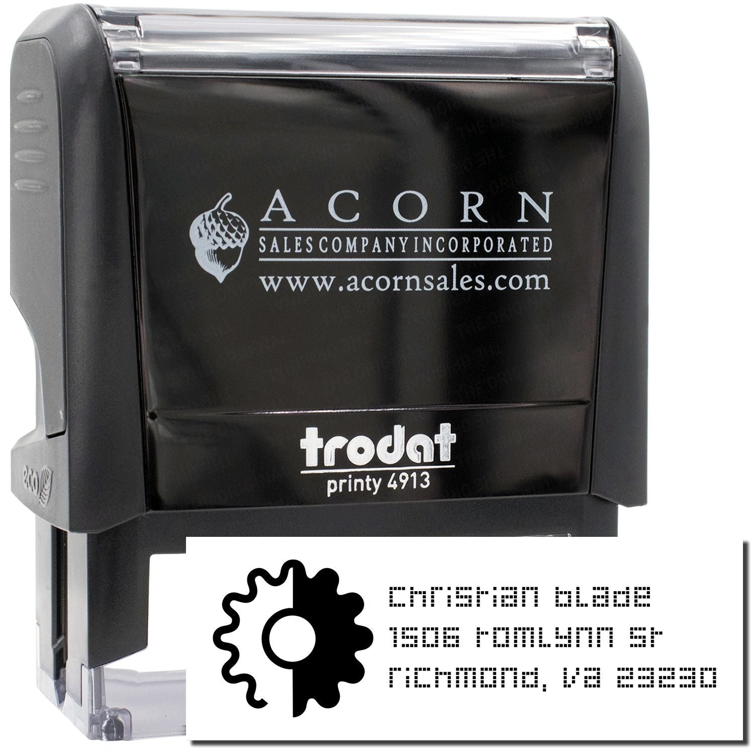 Custom self-inking rubber stamp with business logo and address for professional branding and mailings