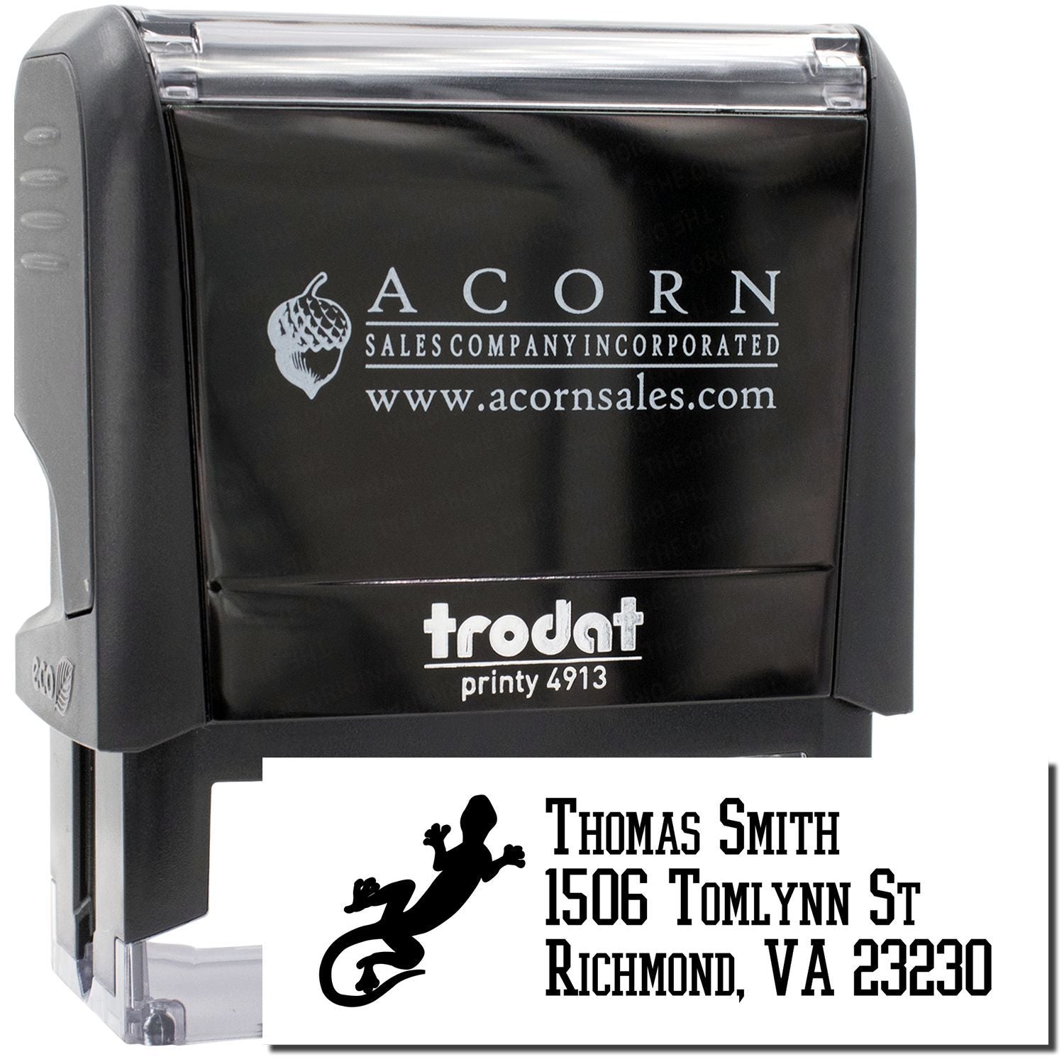 Custom self-inking rubber stamp with logo and address imprint, Trodat Printy 4913 for professional office mailing.