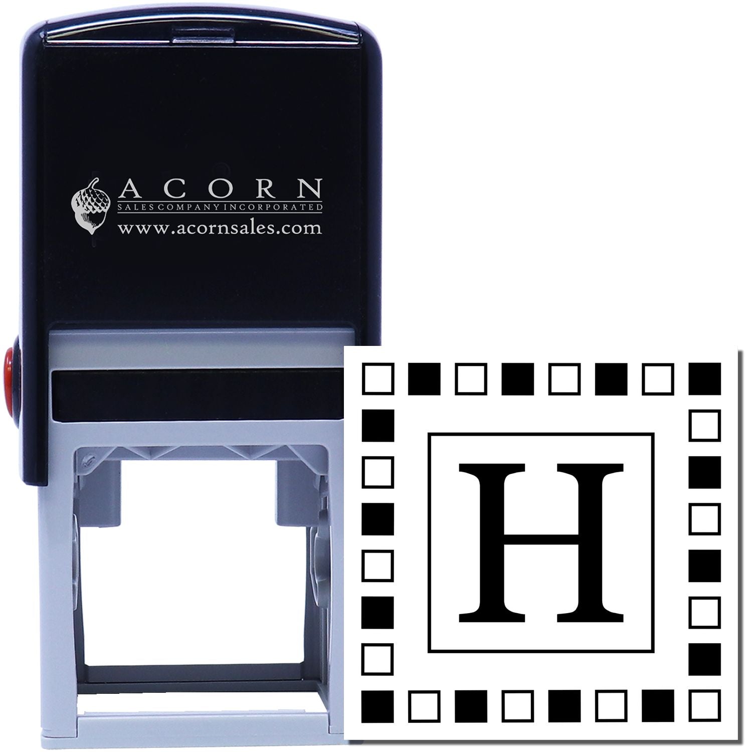 Custom self-inking rubber stamp with monogram H, ideal for personalized office, business, or return address marking.