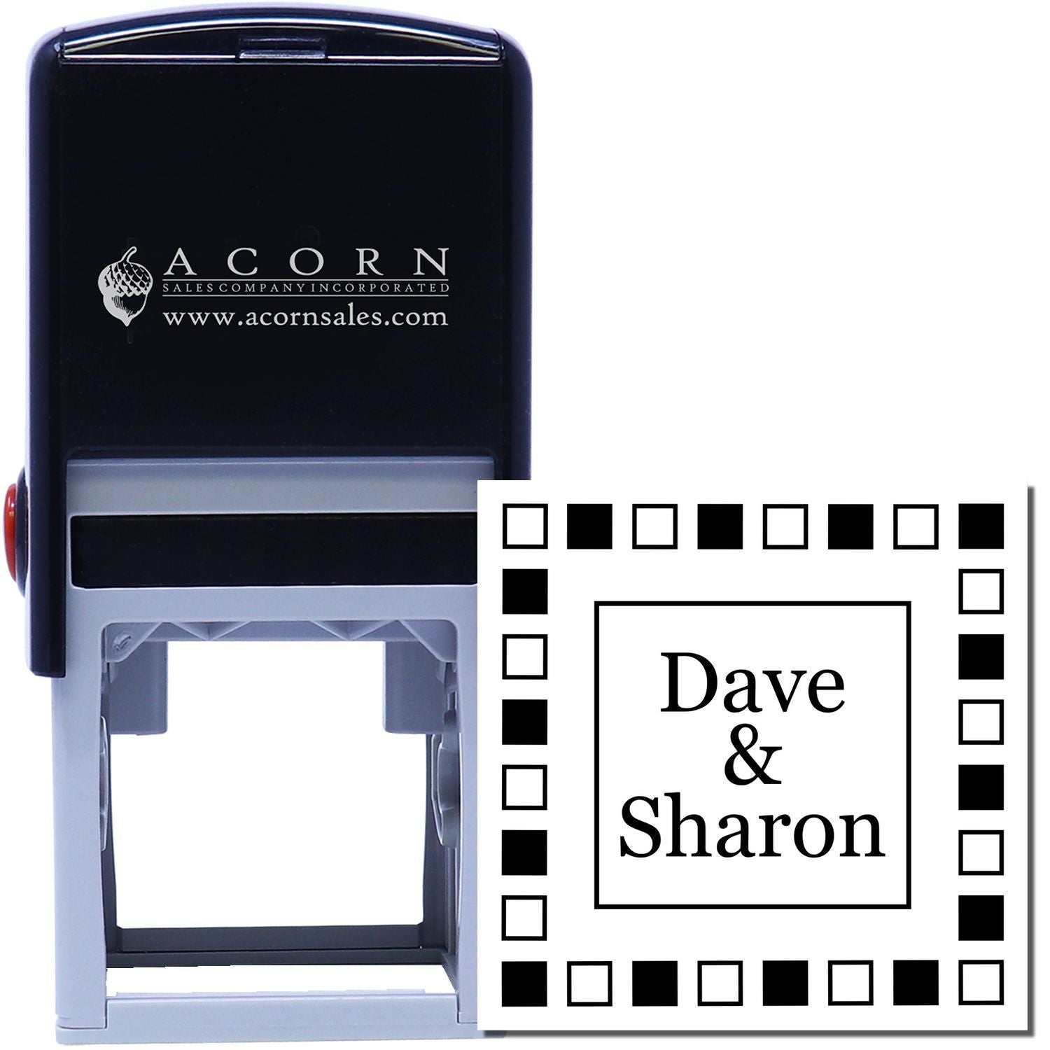 Custom self-inking rubber stamp with Dave & Sharon text, ideal for personalized wedding or craft projects.