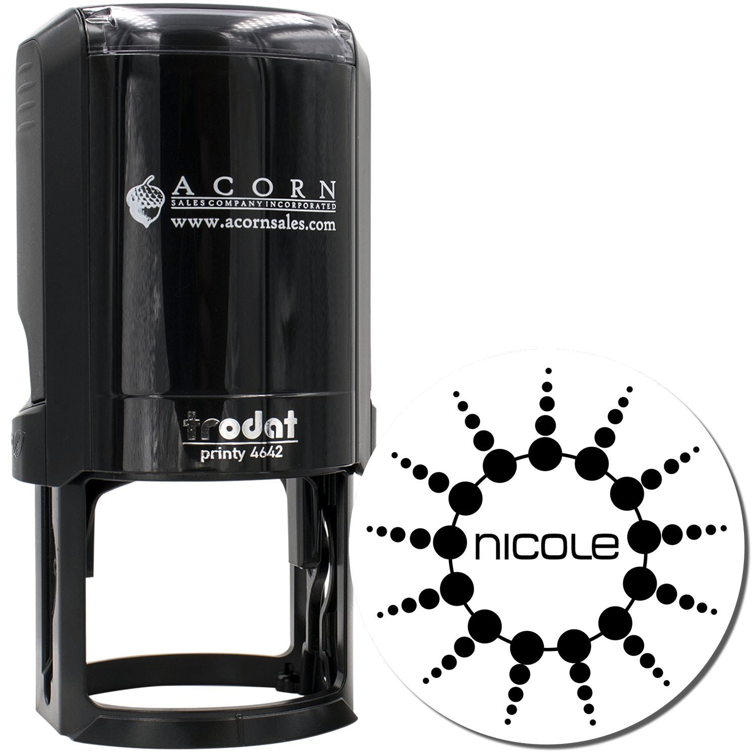 Custom self-inking rubber stamp with personalized Nicole logo design, shown on a Trodat Printy 4642 stamp body.