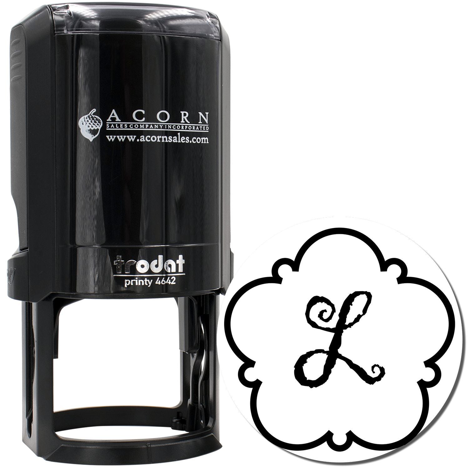 Custom self-inking rubber stamp with floral monogram design for business branding