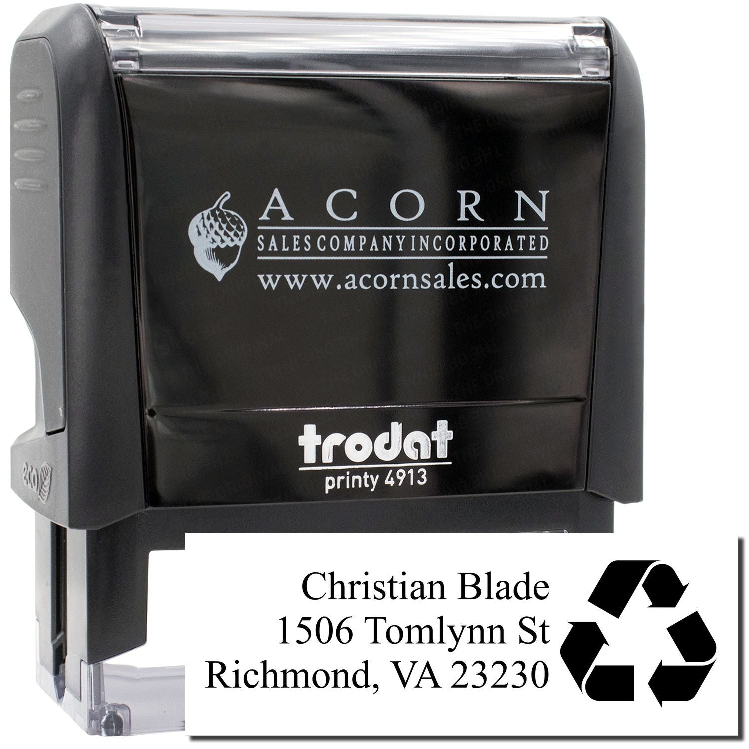 Custom self-inking rubber address stamp for Christian Blade, Richmond VA 23230, with recycling symbol.