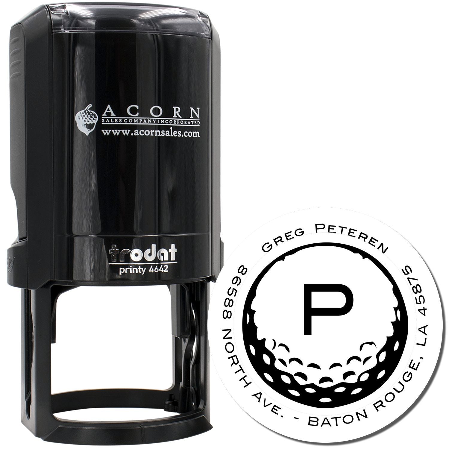 Custom self-inking rubber stamp with return address and monogram for envelopes, business mail, and branding.