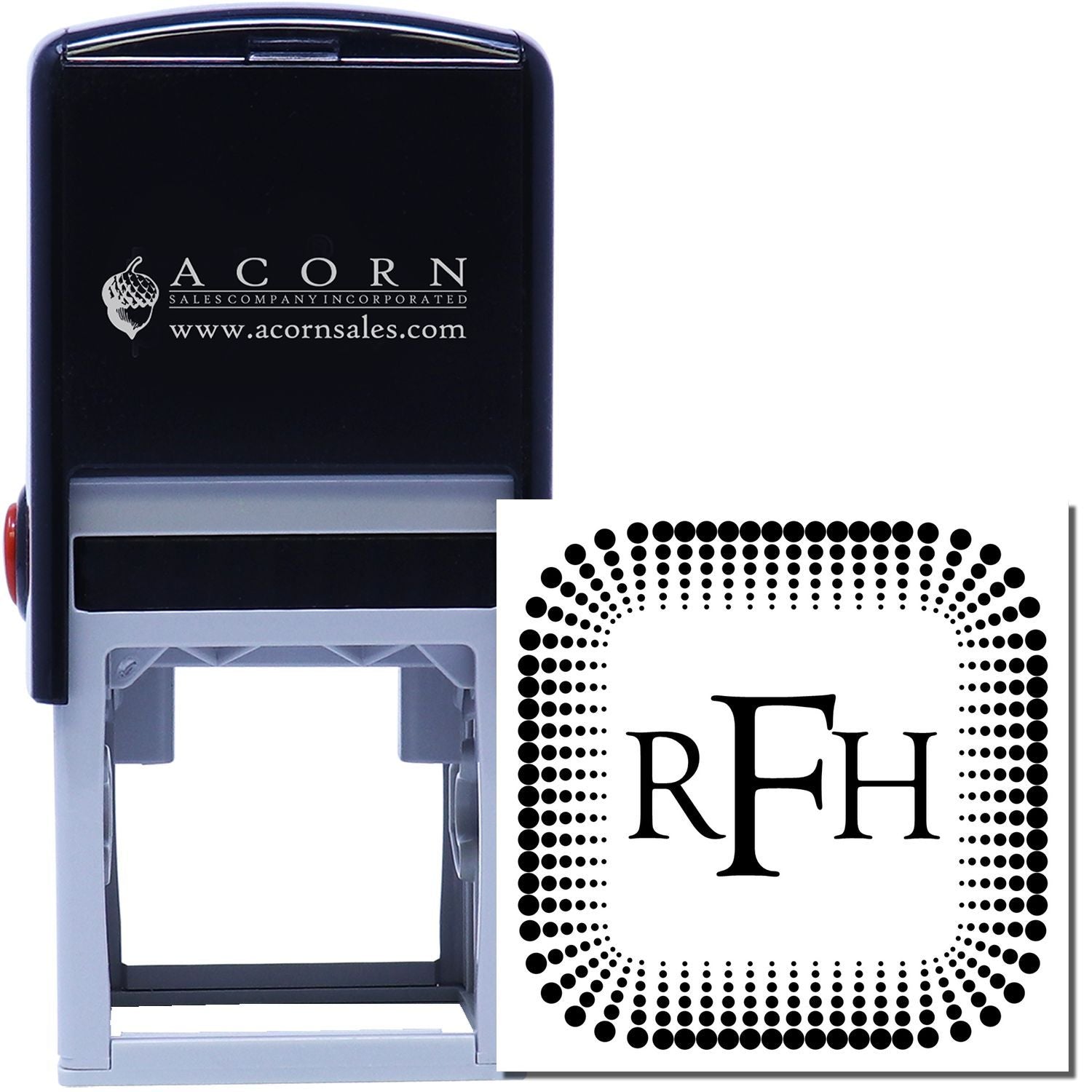 Custom self-inking rubber stamp with RFH monogram and decorative dot border for personalized business or office use