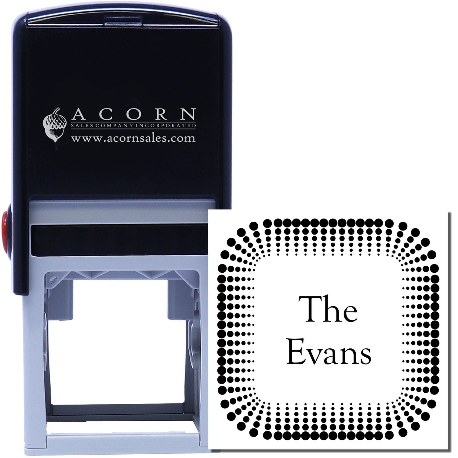 Custom self-inking rubber stamp with dotted border and personalized name design for The Evans.