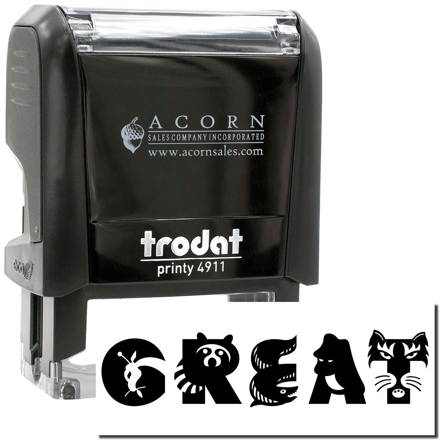 Trodat Printy 4911 self-inking custom stamp with black ink and graphic design icons on a white background