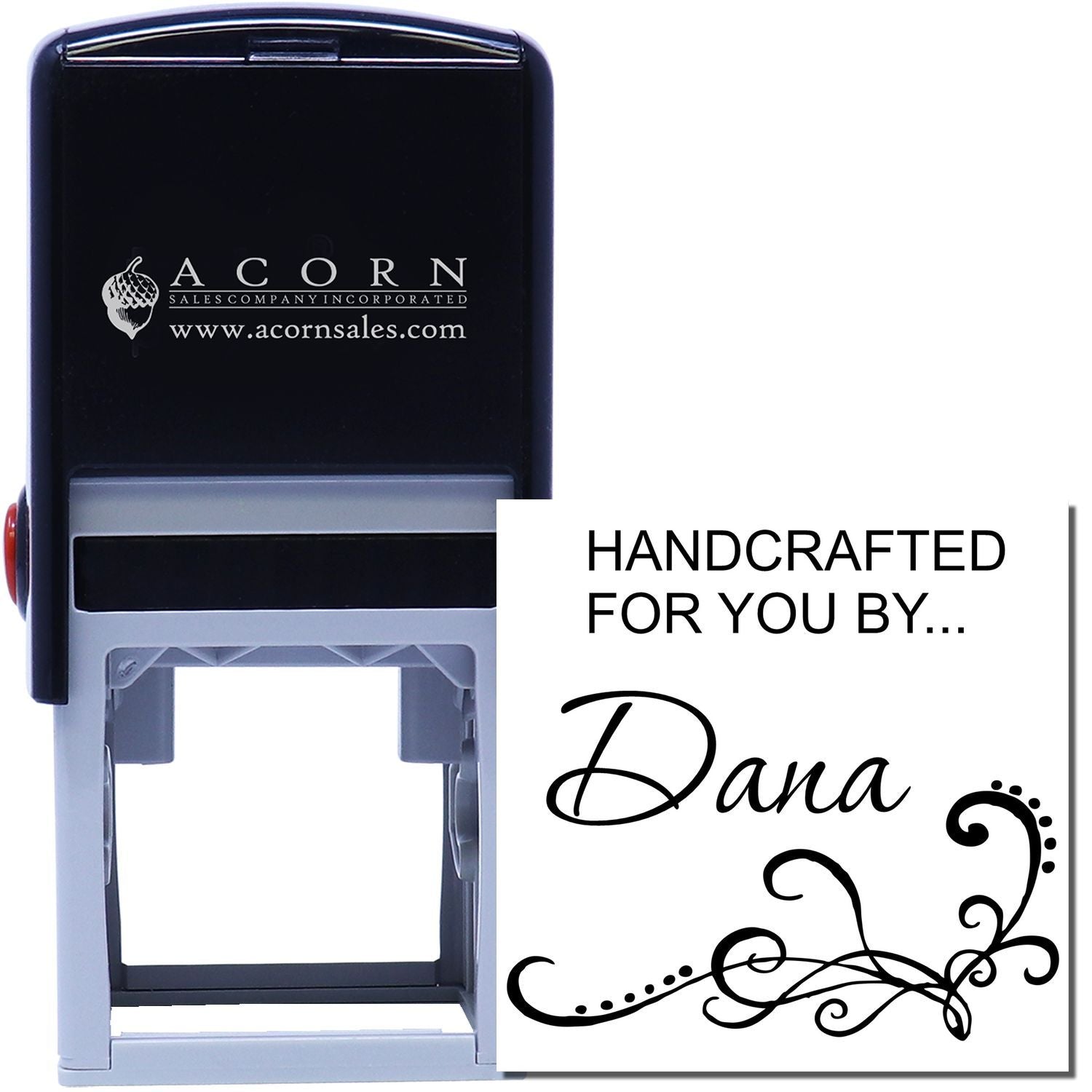 Personalized self-inking rubber stamp with Handcrafted for you by Dana text and decorative flourish.