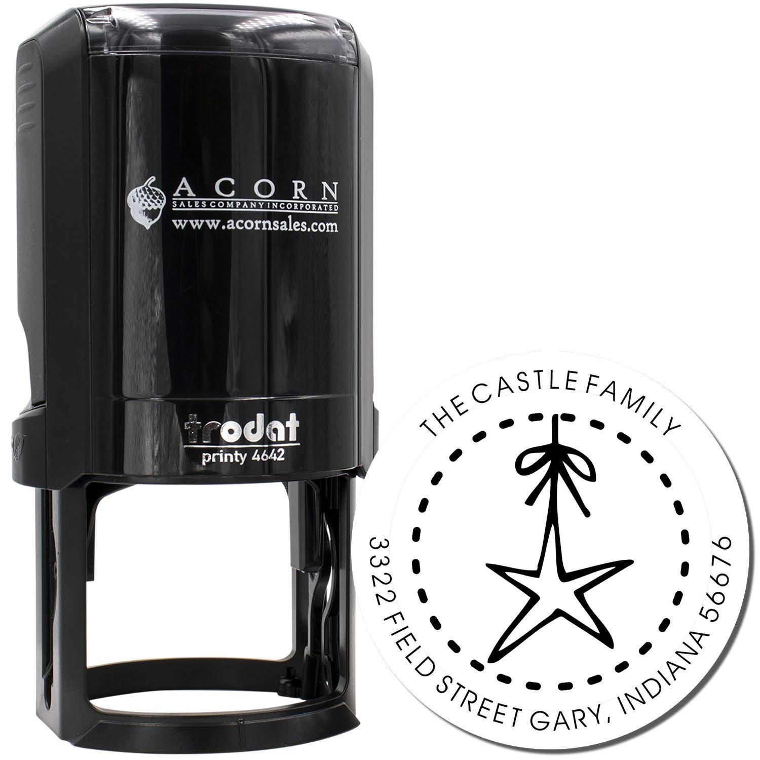 Self-inking Trodat Printy 4642 custom rubber stamp with circular family address design for mailing and return addresses.