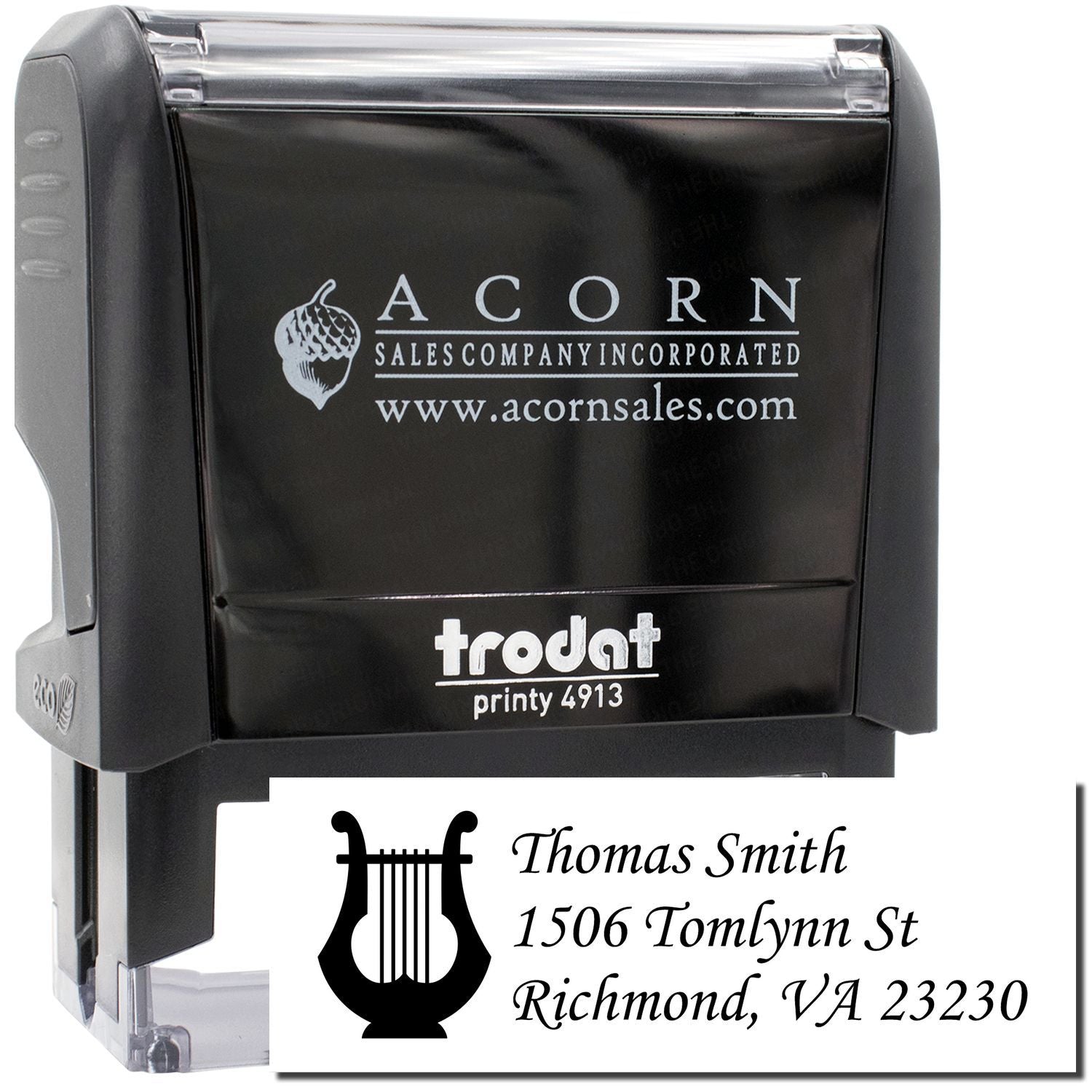 Trodat Printy 4913 self-inking custom address rubber stamp with logo and return address imprint