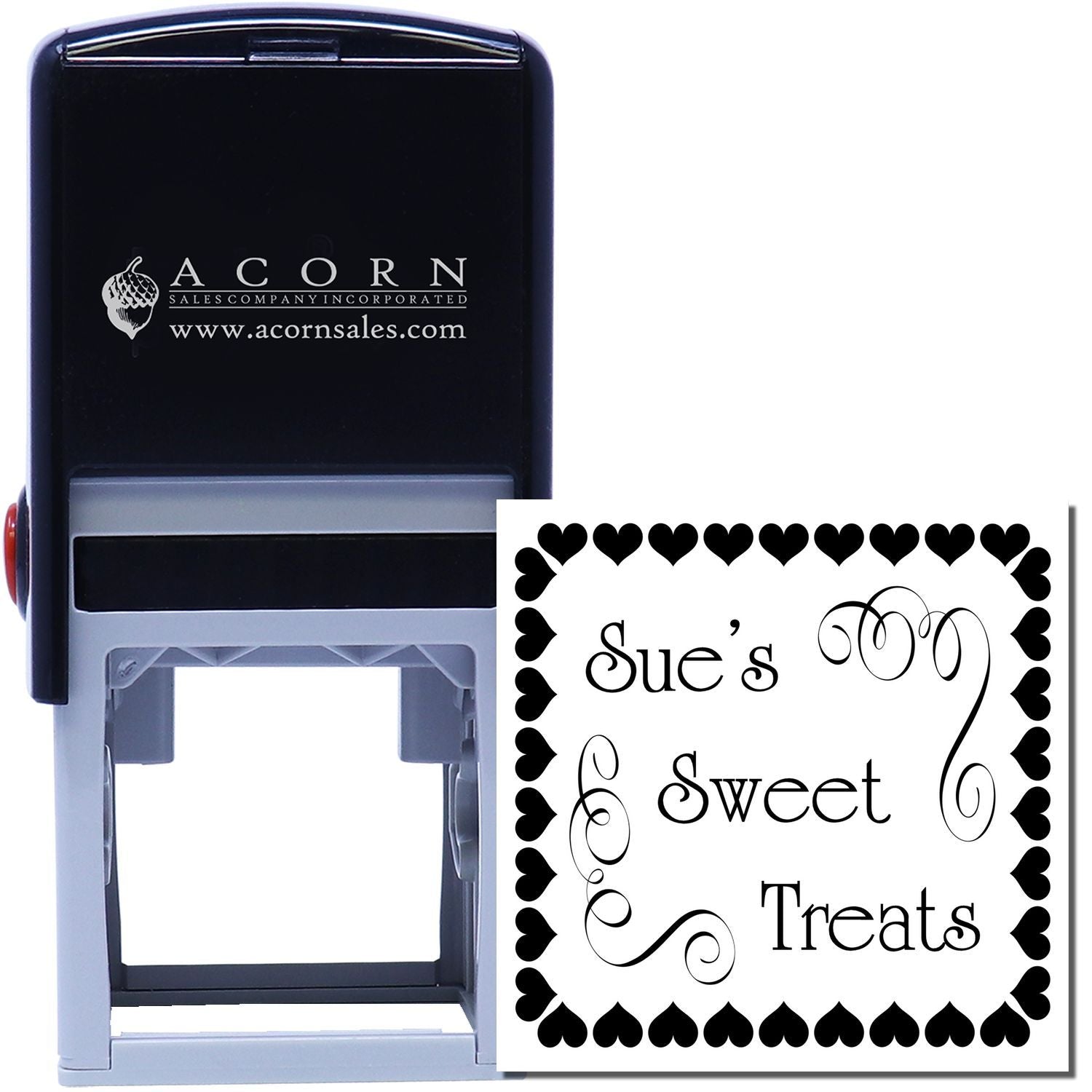 Custom self-inking rubber stamp for Sues Sweet Treats bakery, featuring heart border design for packaging and branding.