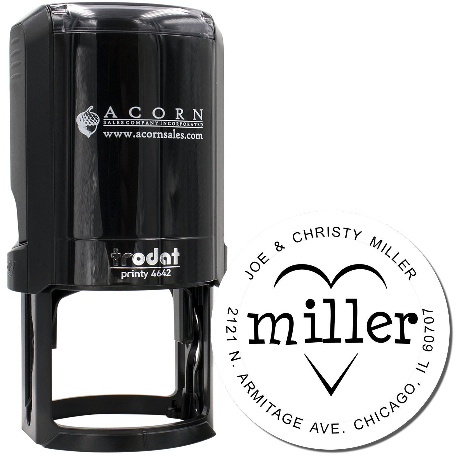 Self-inking custom rubber stamp with round name and address imprint for personalized return address labels