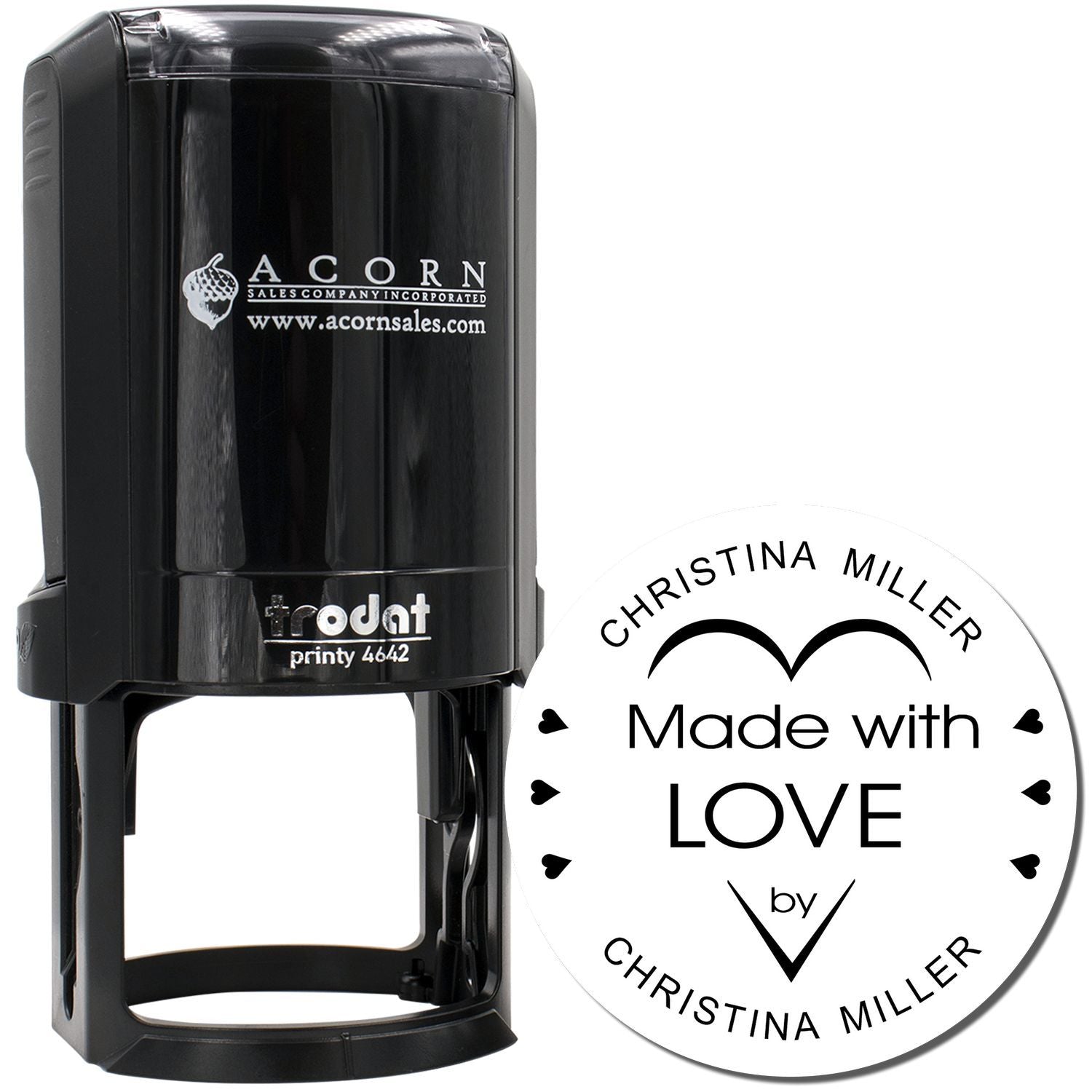 Custom self-inking rubber stamp with Made with Love by Christina Miller design for personalized branding.
