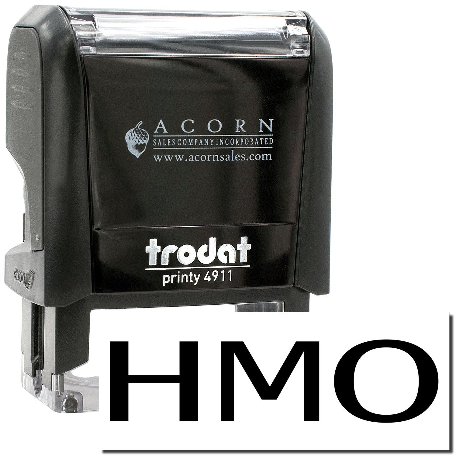 Black Trodat Printy 4911 self-inking stamp with HMO text and Acorn Sales Company branding