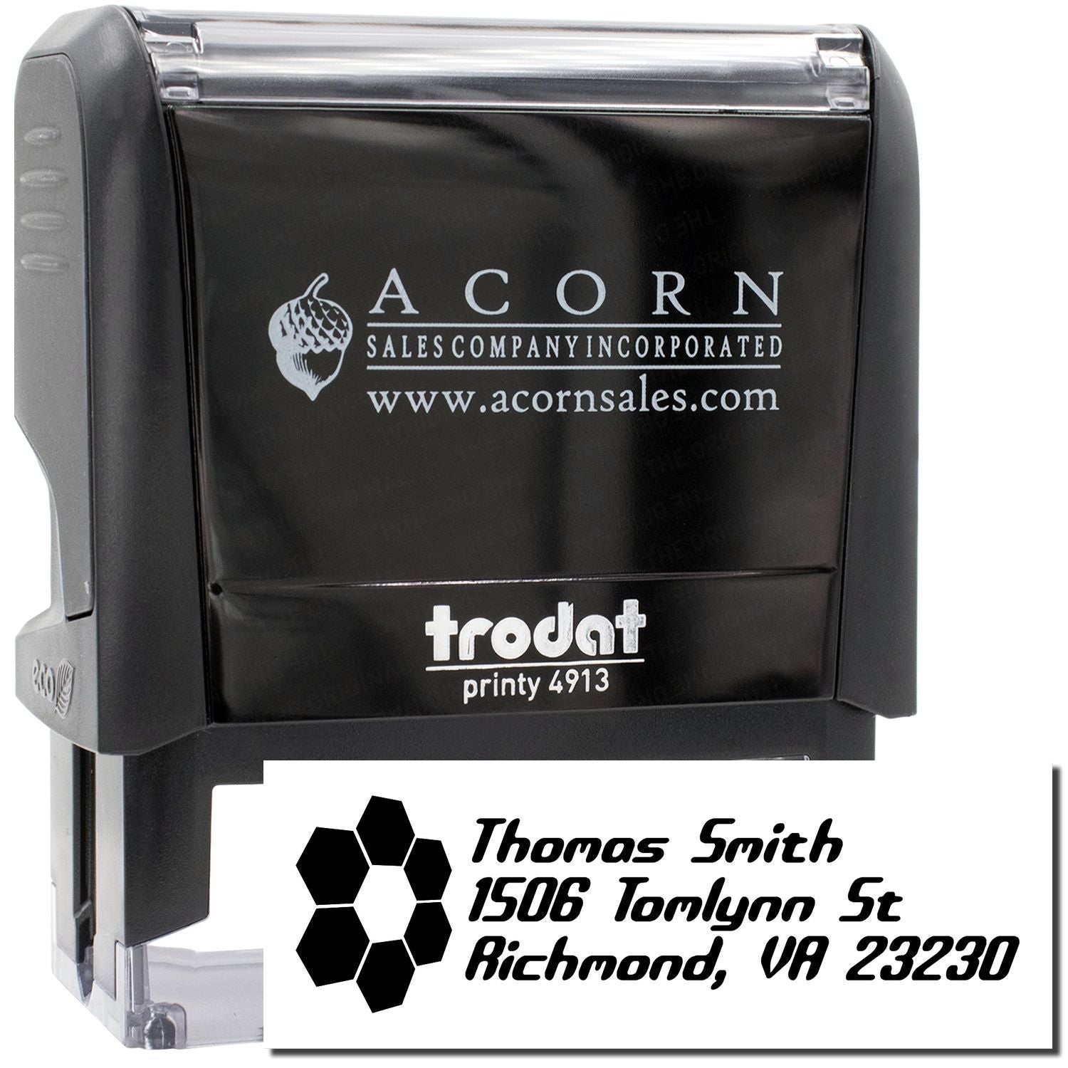Custom self-inking rubber stamp with logo and return address imprint, Trodat Printy 4913, for business mailing
