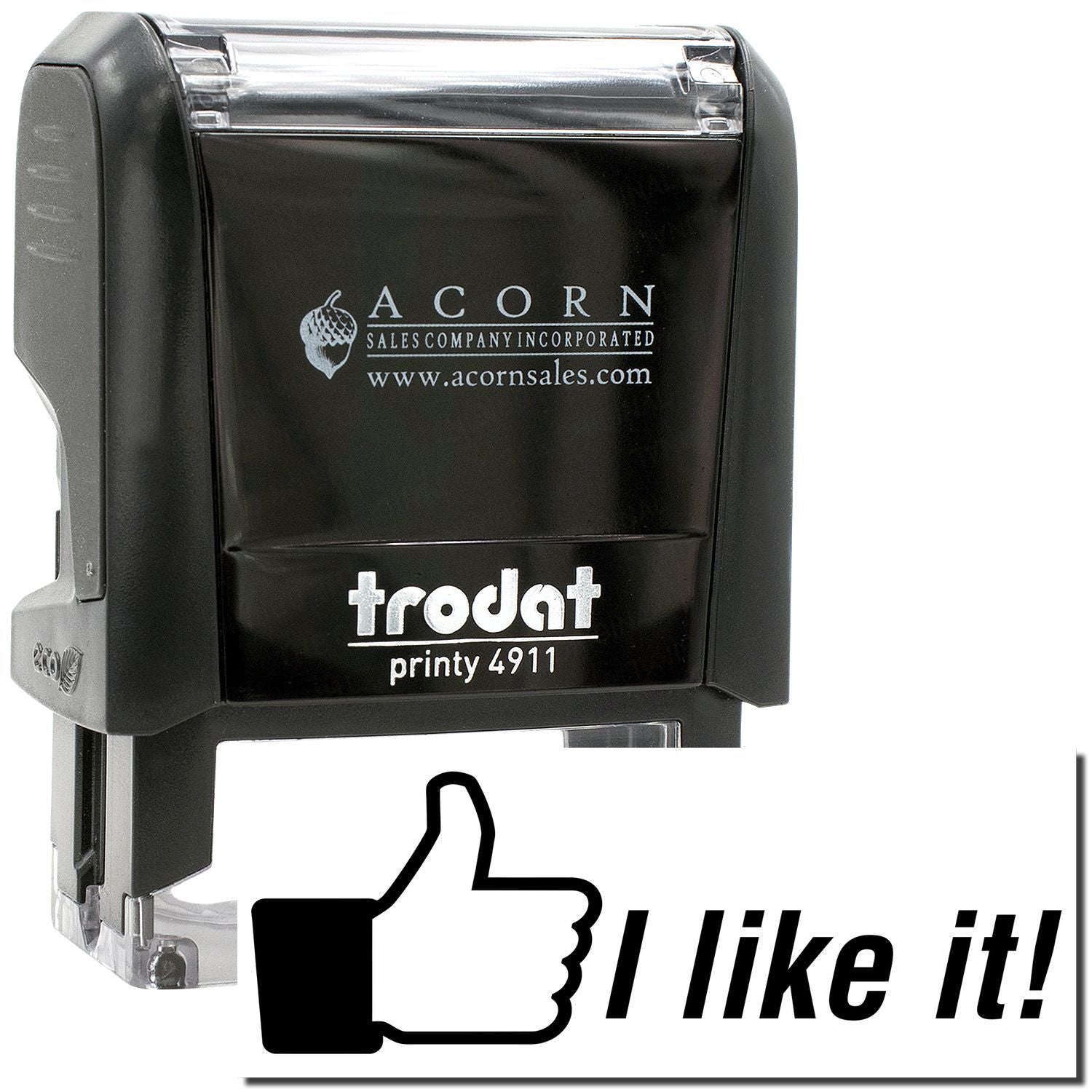 Trodat Printy 4911 black self-inking stamp with Acorn Sales Company logo and I like it! thumbs-up graphic