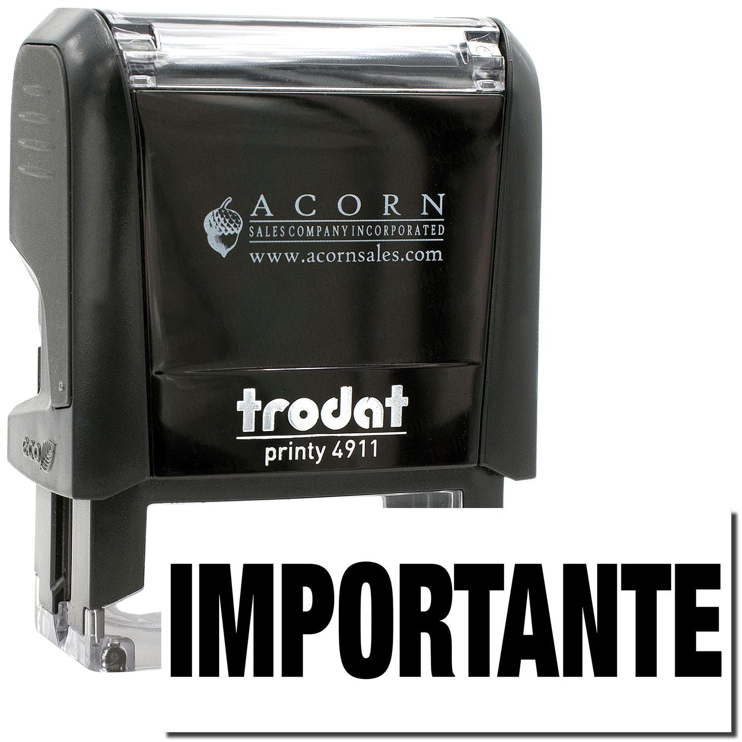 Black Trodat Printy 4911 self-inking stamp with IMPORTANT imprint and Acorn Sales Company branding.