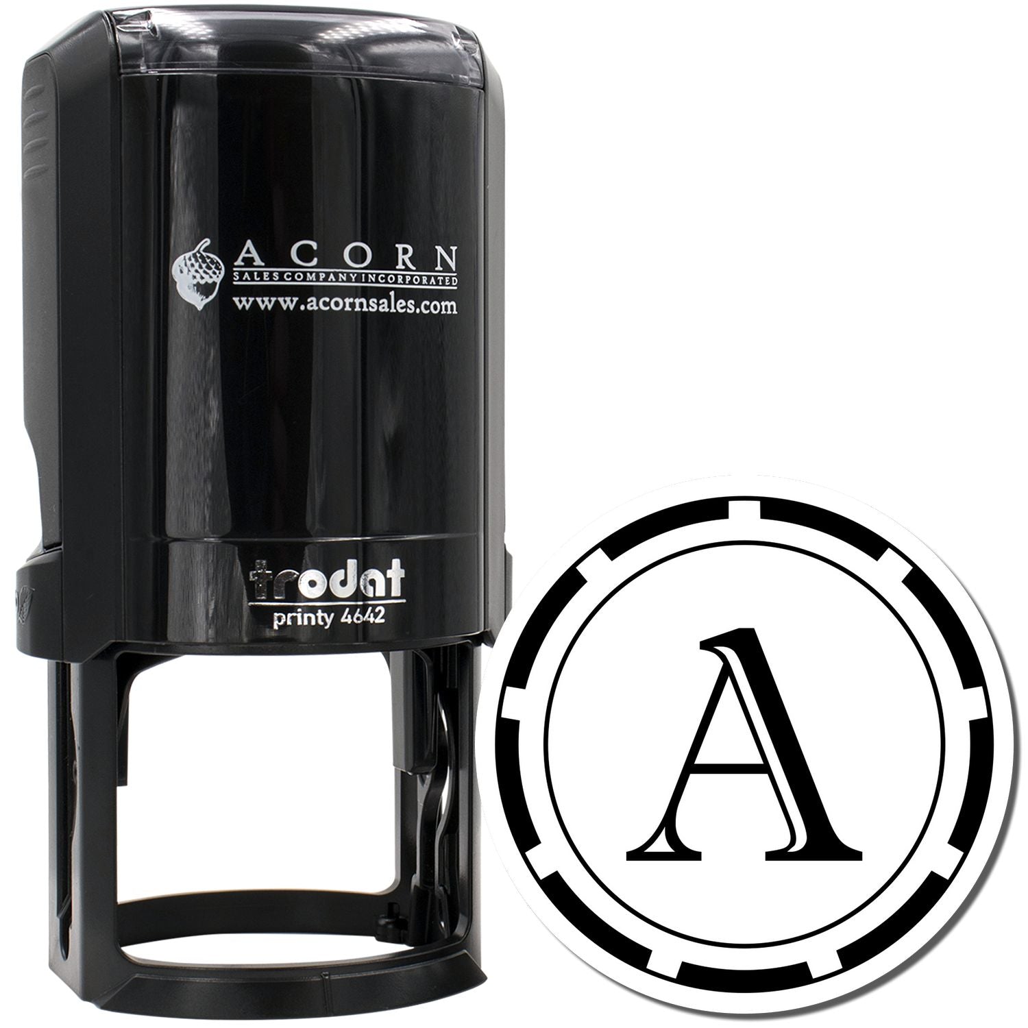 Custom self-inking rubber stamp with initial A, black Trodat Printy 4642 for business branding.