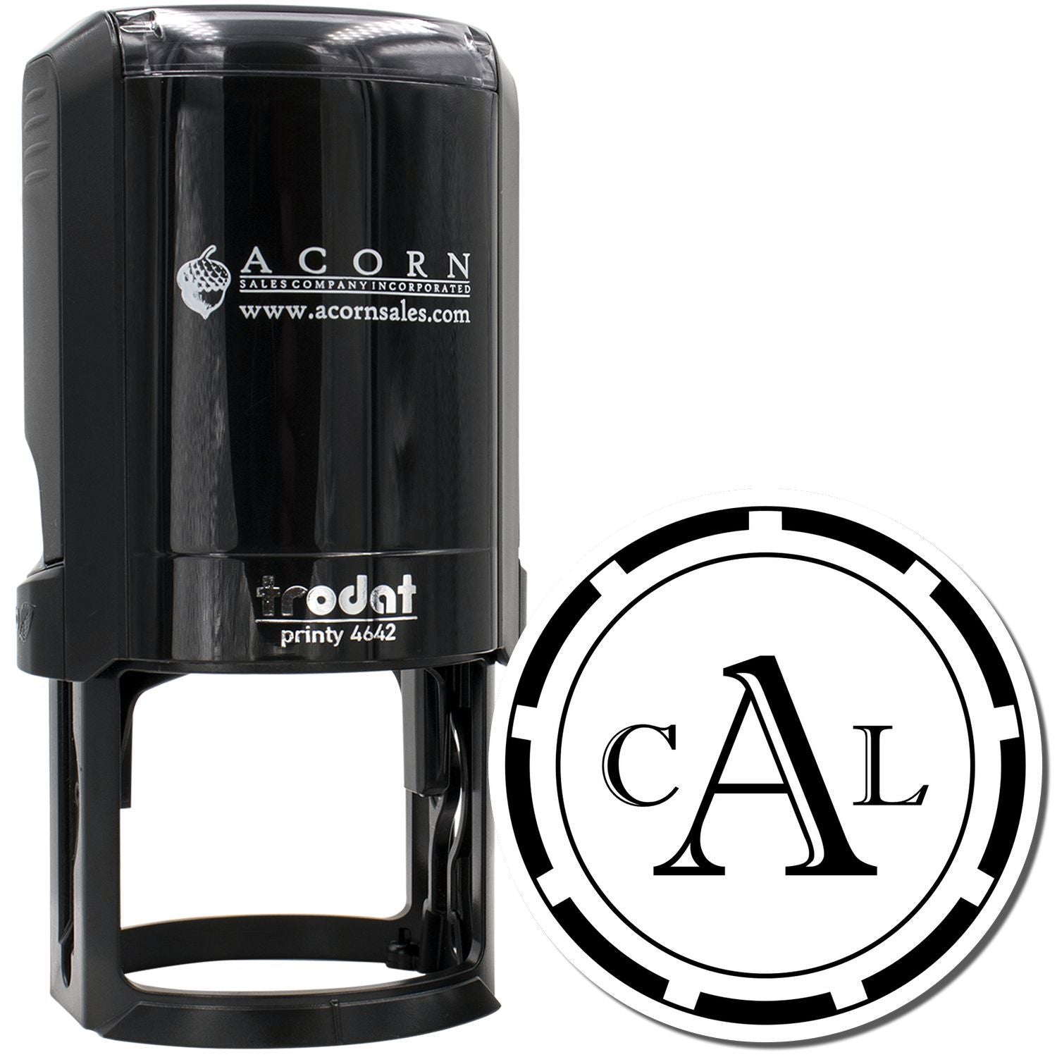 Custom self-inking rubber stamp with monogram logo, Trodat Printy 4642, ideal for business branding and document marking.