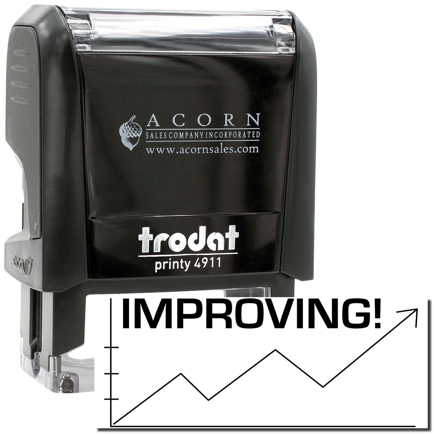 Trodat Printy 4911 self-inking stamp with Acorn Sales Company logo and Improving! growth chart graphic