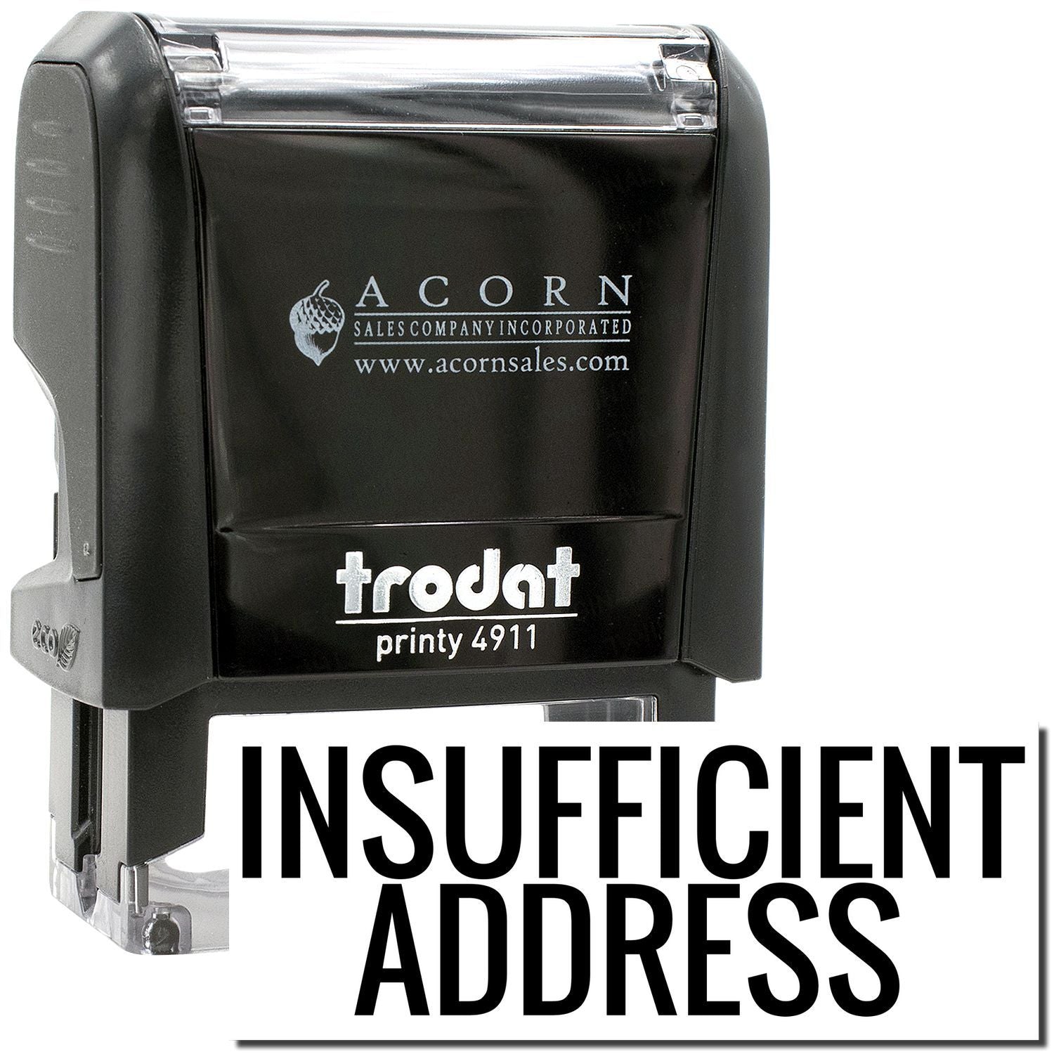 Trodat Printy 4911 self-inking address stamp with Insufficient Address message, black office mailing stamp.
