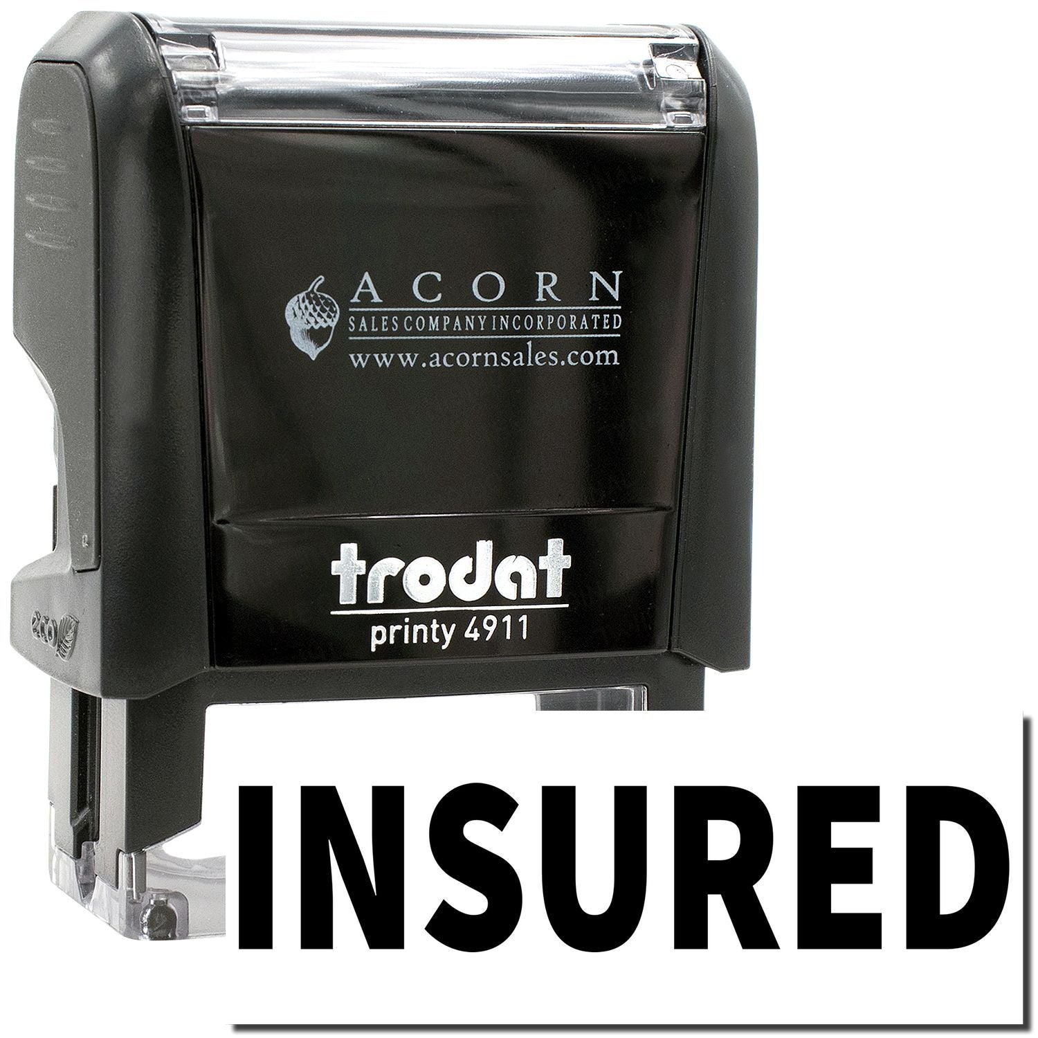 Black Trodat Printy 4911 self-inking stamp with INSURED imprint, Acorn Sales Company branded rubber stamp.