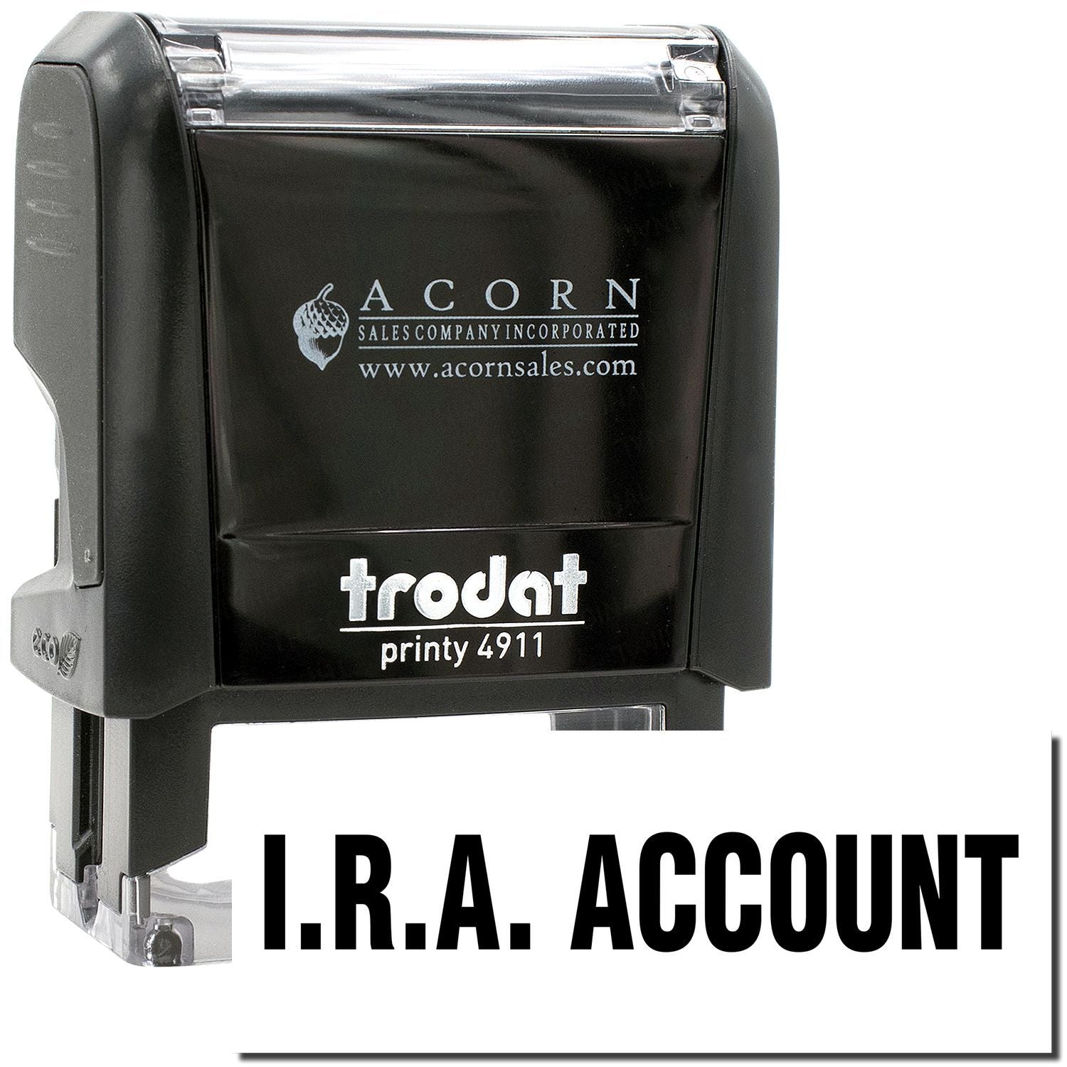 Black Trodat Printy 4911 self-inking stamp with I.R.A. Account and Acorn Sales Company branding.