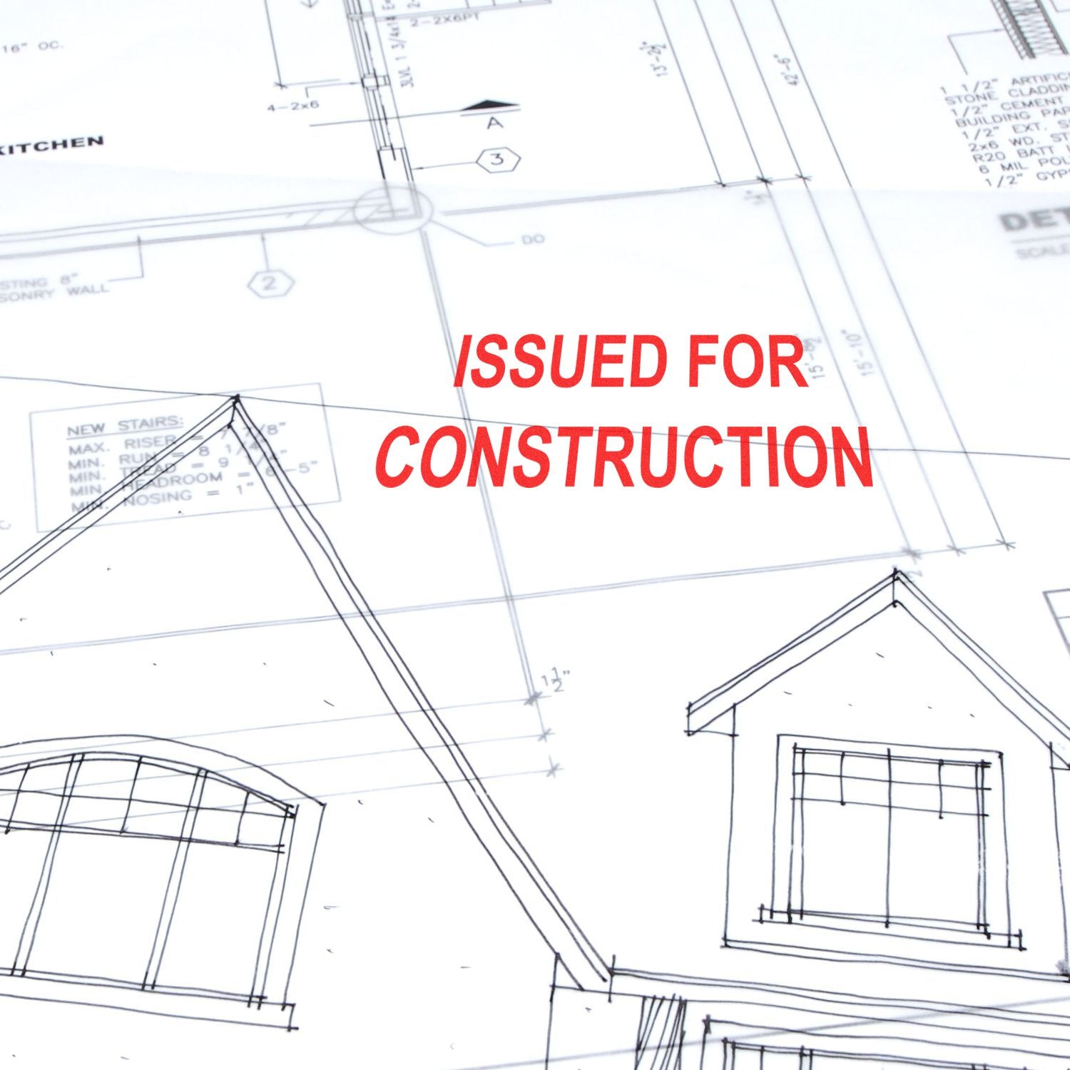 Issued for construction architectural blueprint with house floor plan and design drawings.