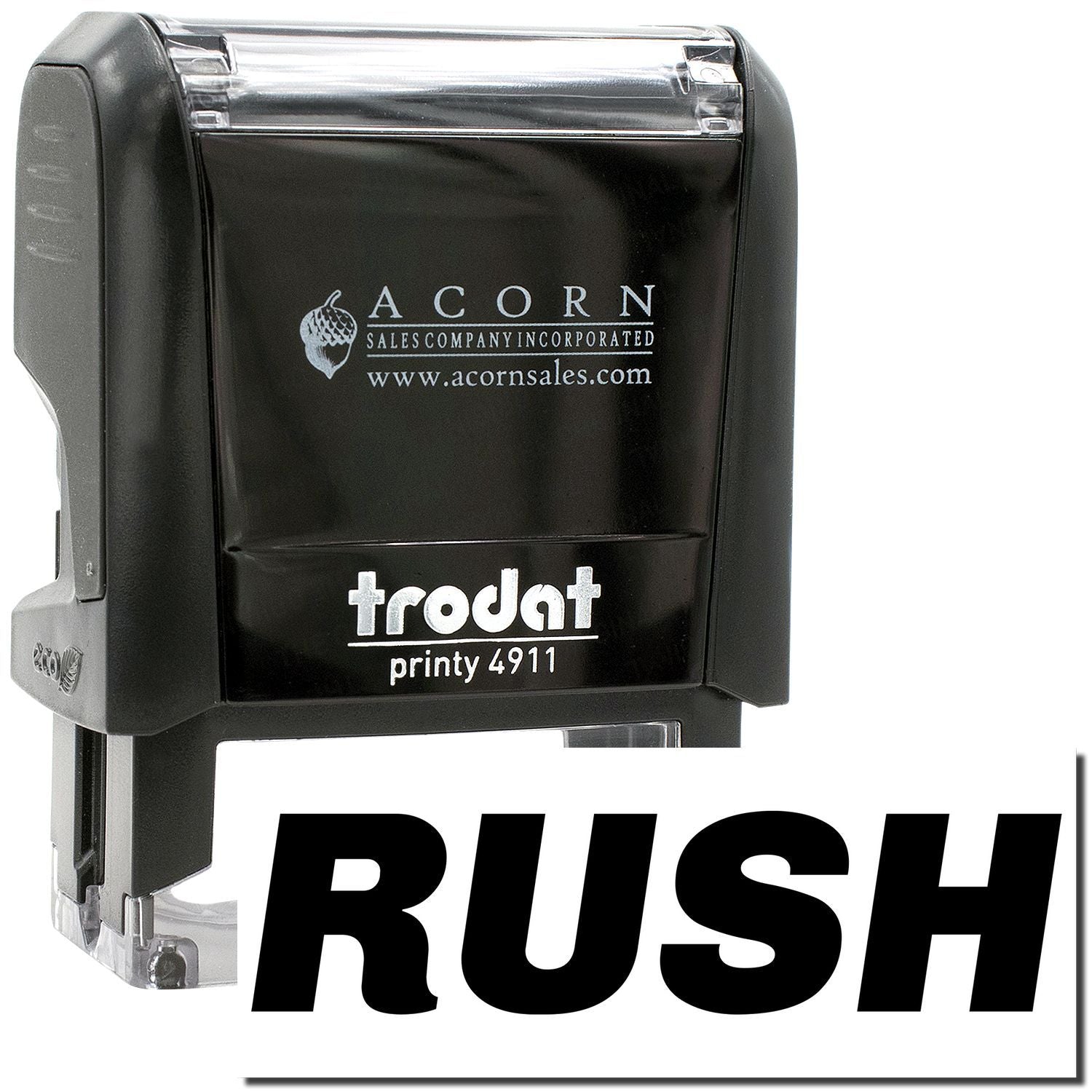 Black Trodat Printy 4911 self-inking rubber stamp with bold RUSH imprint for urgent documents.