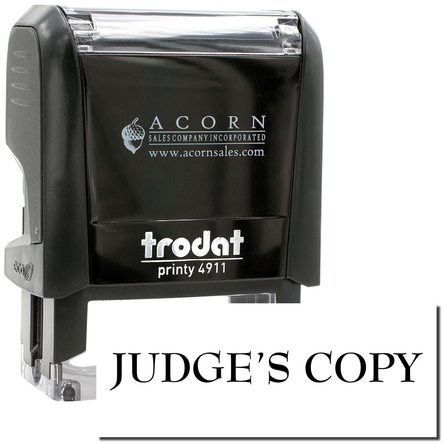 Trodat Printy 4911 self-inking rubber stamp with Acorn Sales Company logo, labeled Judges Copy.