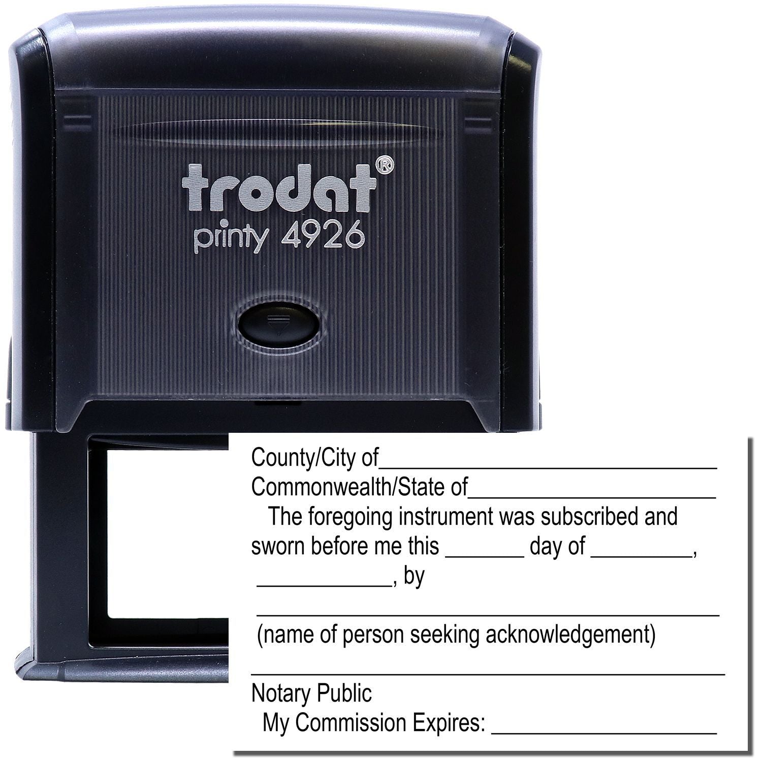 Trodat Printy 4926 self-inking notary stamp imprinting a notary public acknowledgment certificate form.