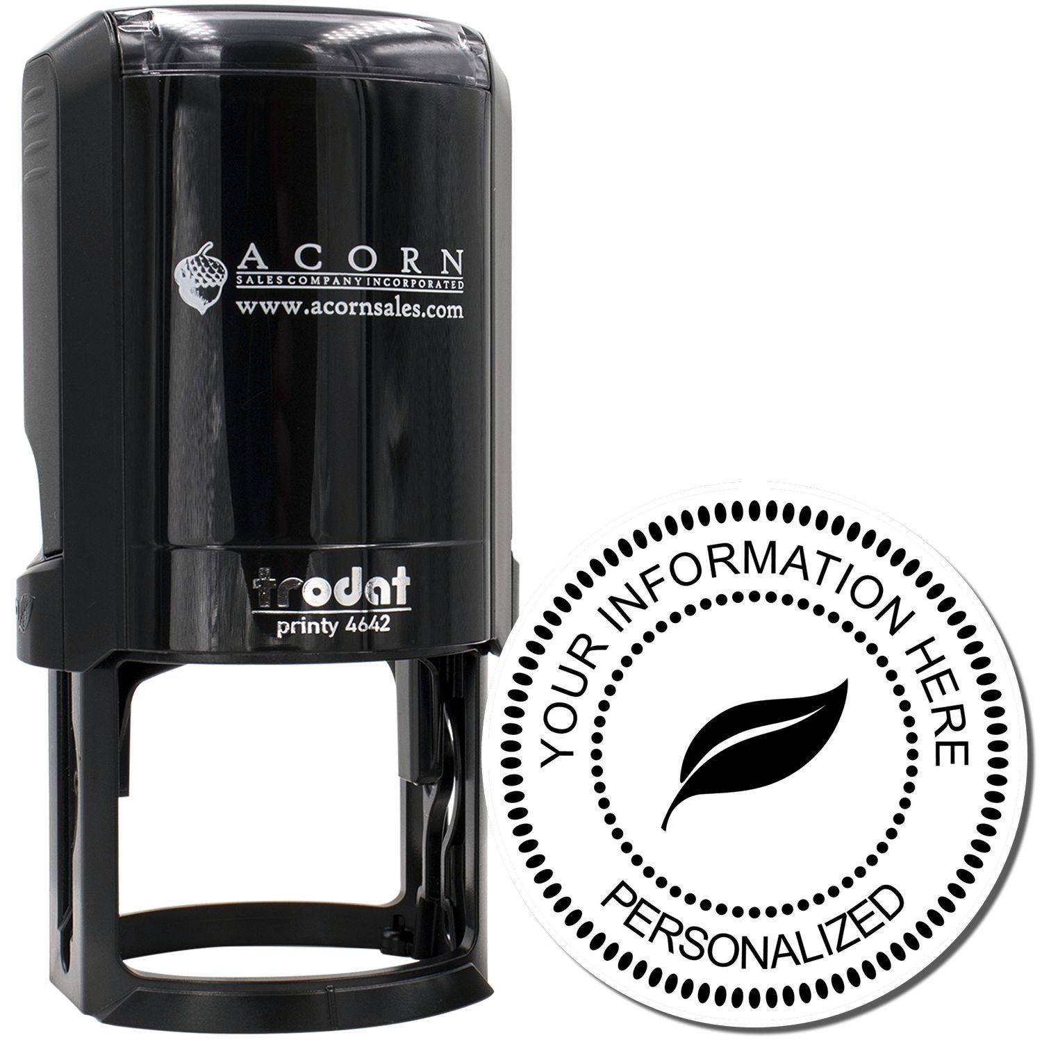 Custom self-inking rubber stamp with logo and personalized circular message design for business branding.