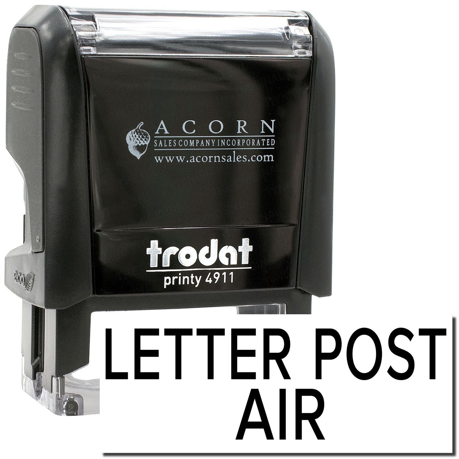 Black Trodat Printy 4911 self-inking postage stamp with Letter Post Air text, ideal for mailing and office use.