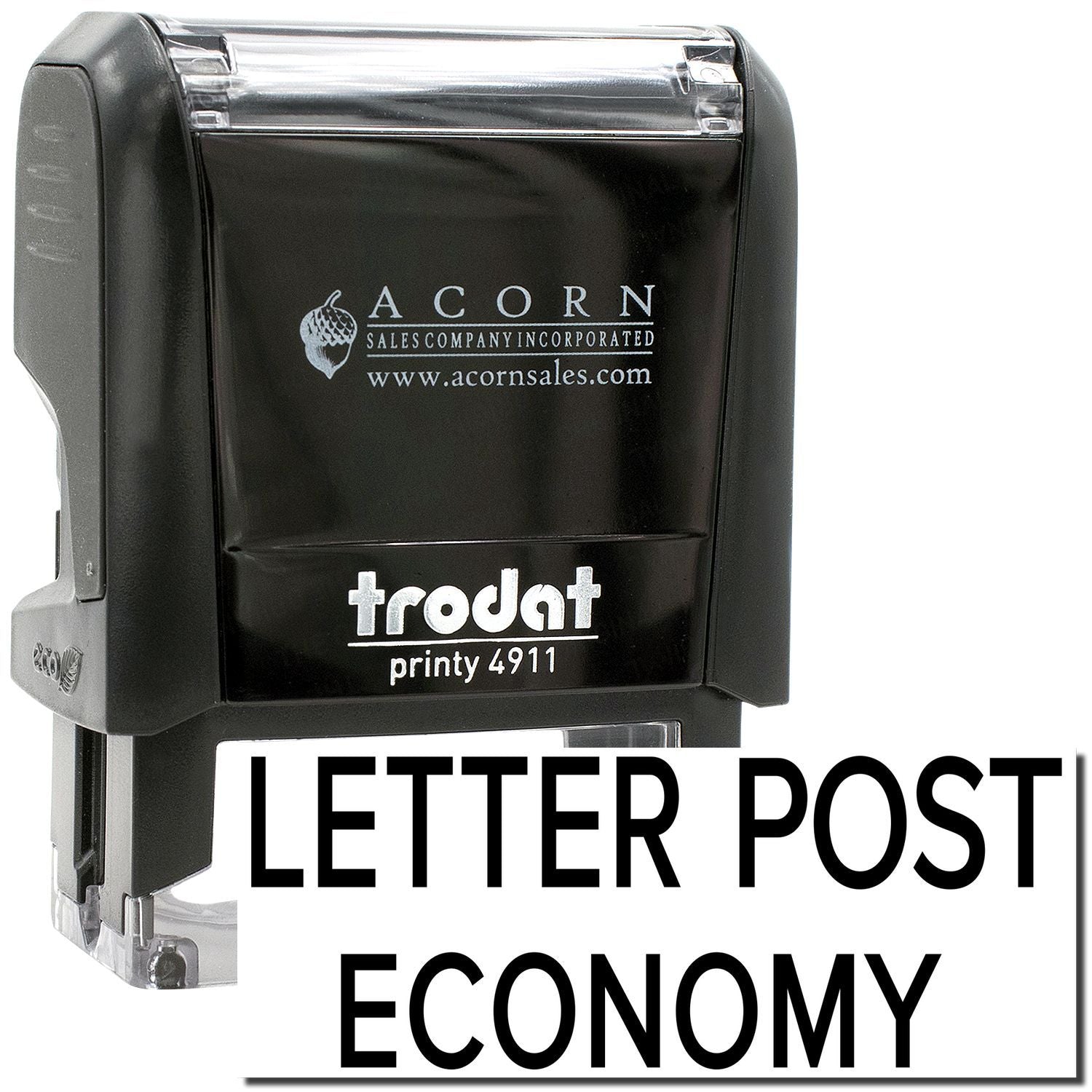 Trodat Printy 4911 Letter Post Economy self-inking stamp with Acorn Sales logo, black rectangular office stamp.