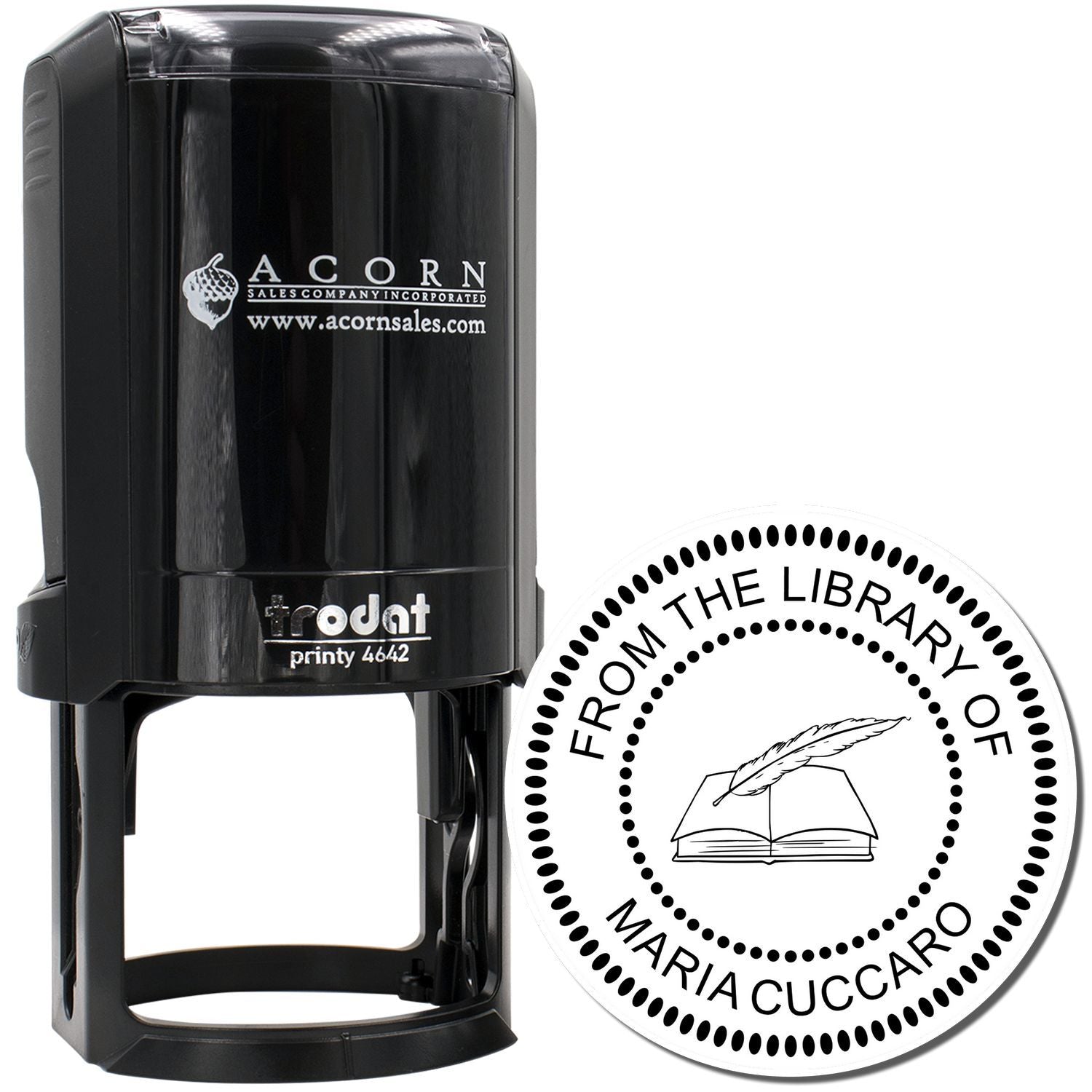 Personalized self-inking library rubber stamp with From the Library of Maria Cuccaro book-and-quill design.