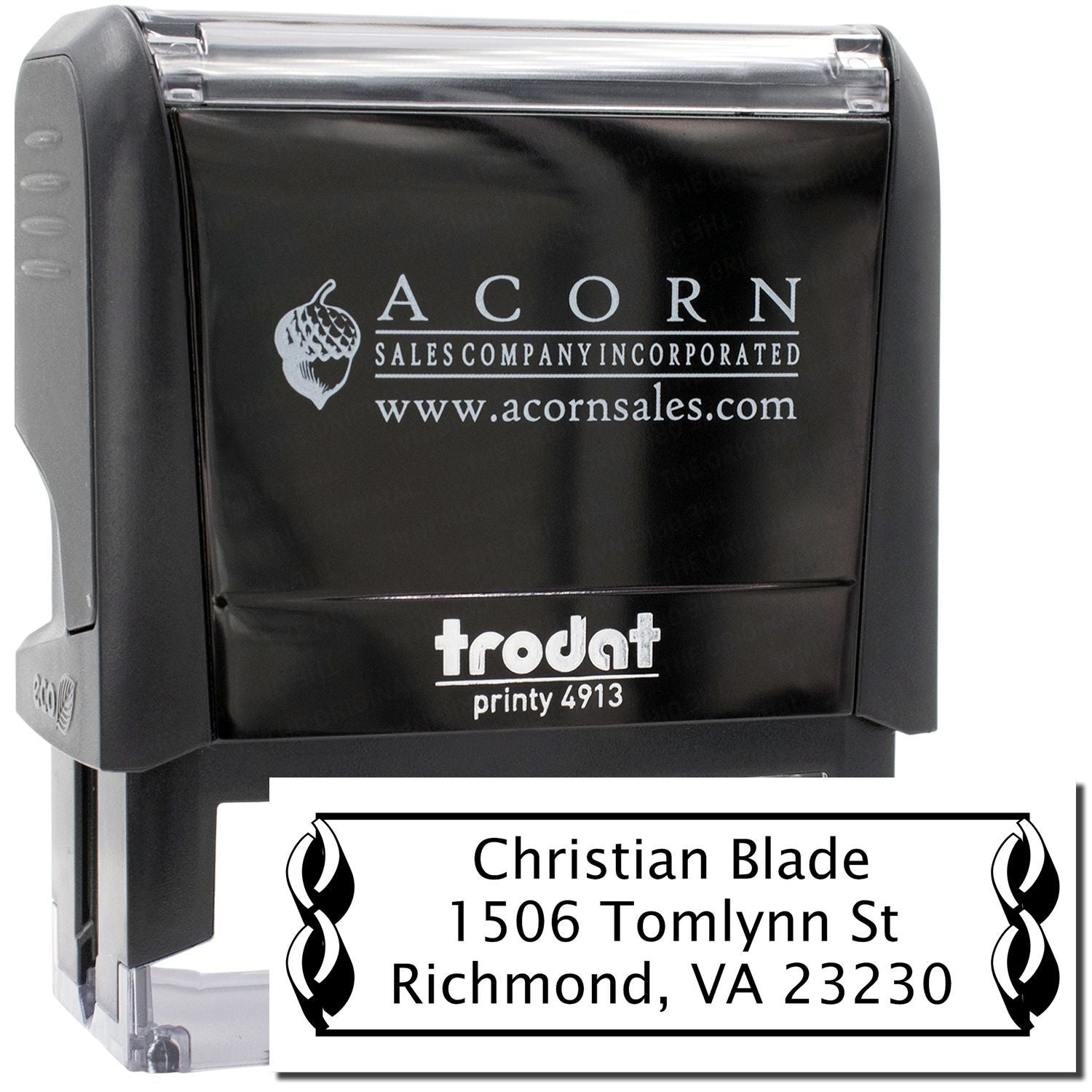Custom self-inking rubber address stamp, Trodat Printy 4913, with Christian Blade Richmond VA imprint for mailing and business use.