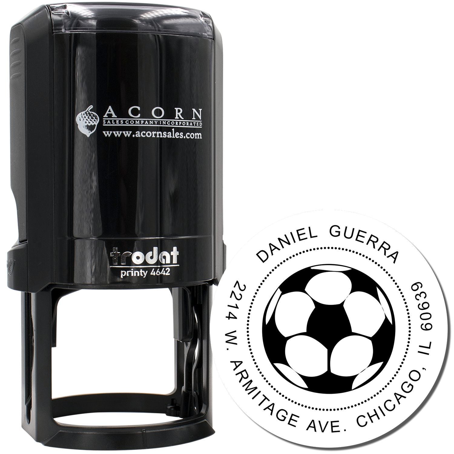 Personalized self-inking rubber stamp with custom round logo and address imprint for business mail and branding.