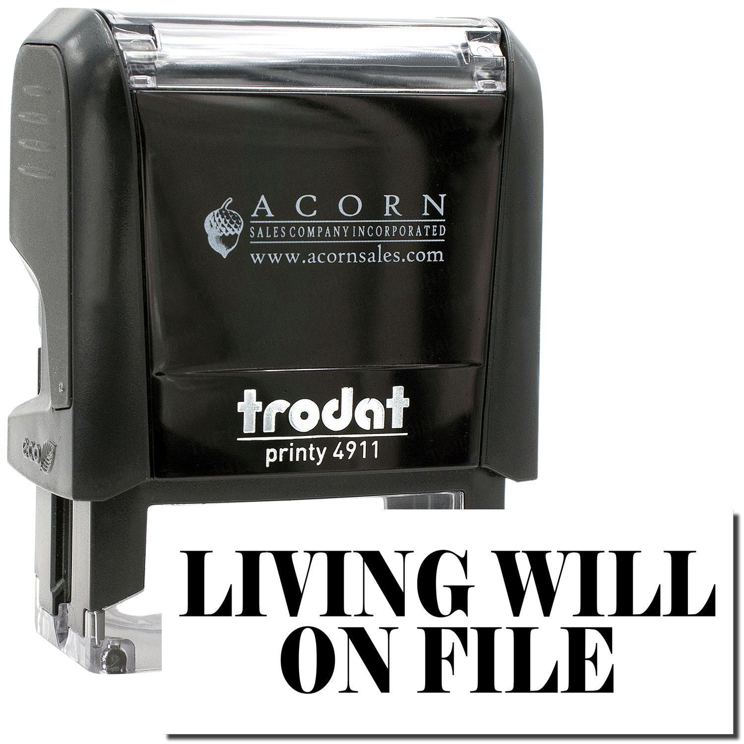 Black Trodat Printy 4911 self-inking stamp with Living Will on File text for legal document marking.