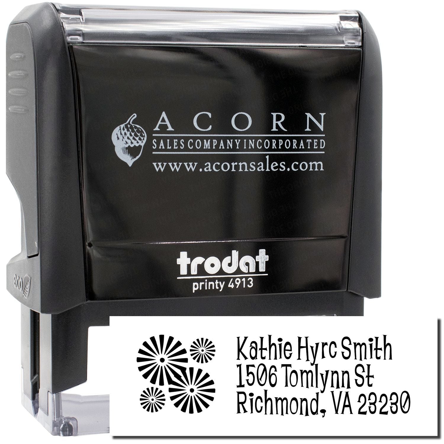 Custom self-inking rubber address stamp, Trodat Printy 4913, with logo and return address imprint preview.