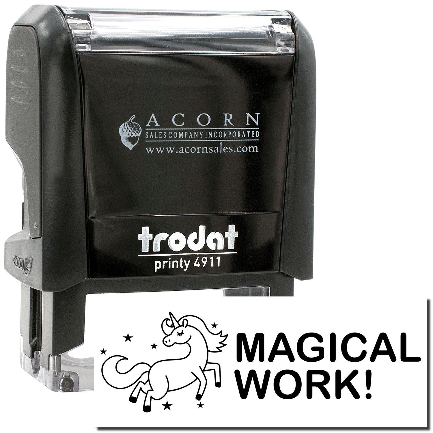 Custom Trodat Printy 4911 self-inking stamp with Acorn Sales logo and Magical Work unicorn design.