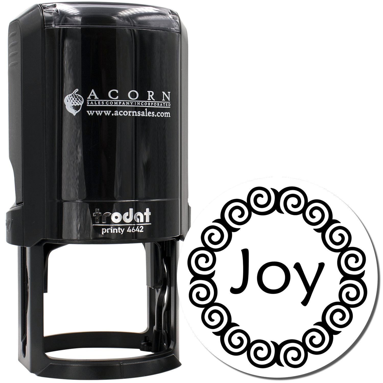 Custom self-inking rubber stamp with decorative Joy impression for holiday cards, crafts, and gift packaging.